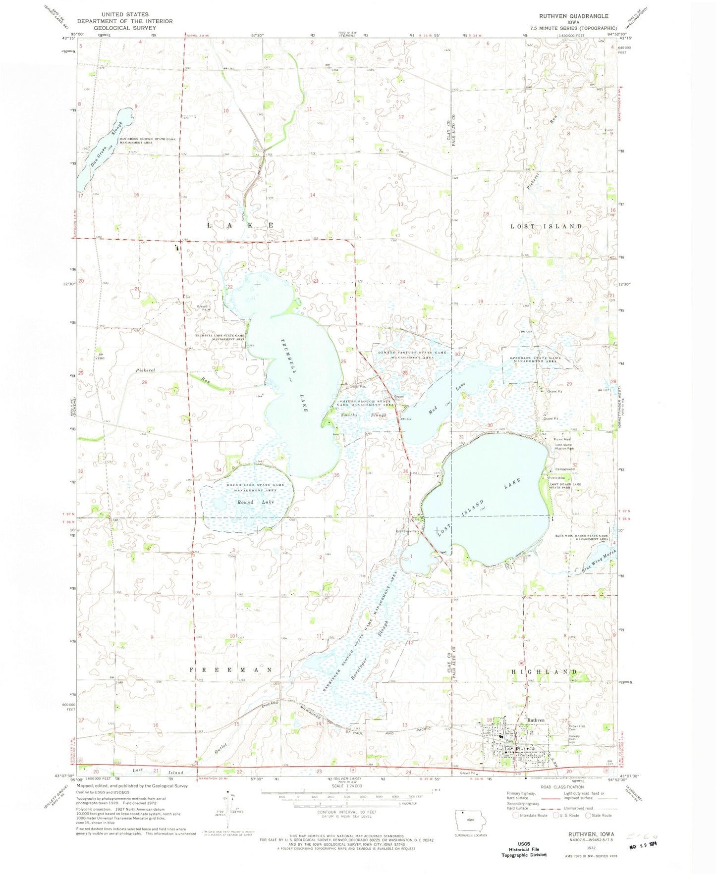 Classic USGS Ruthven Iowa 7.5'x7.5' Topo Map Image