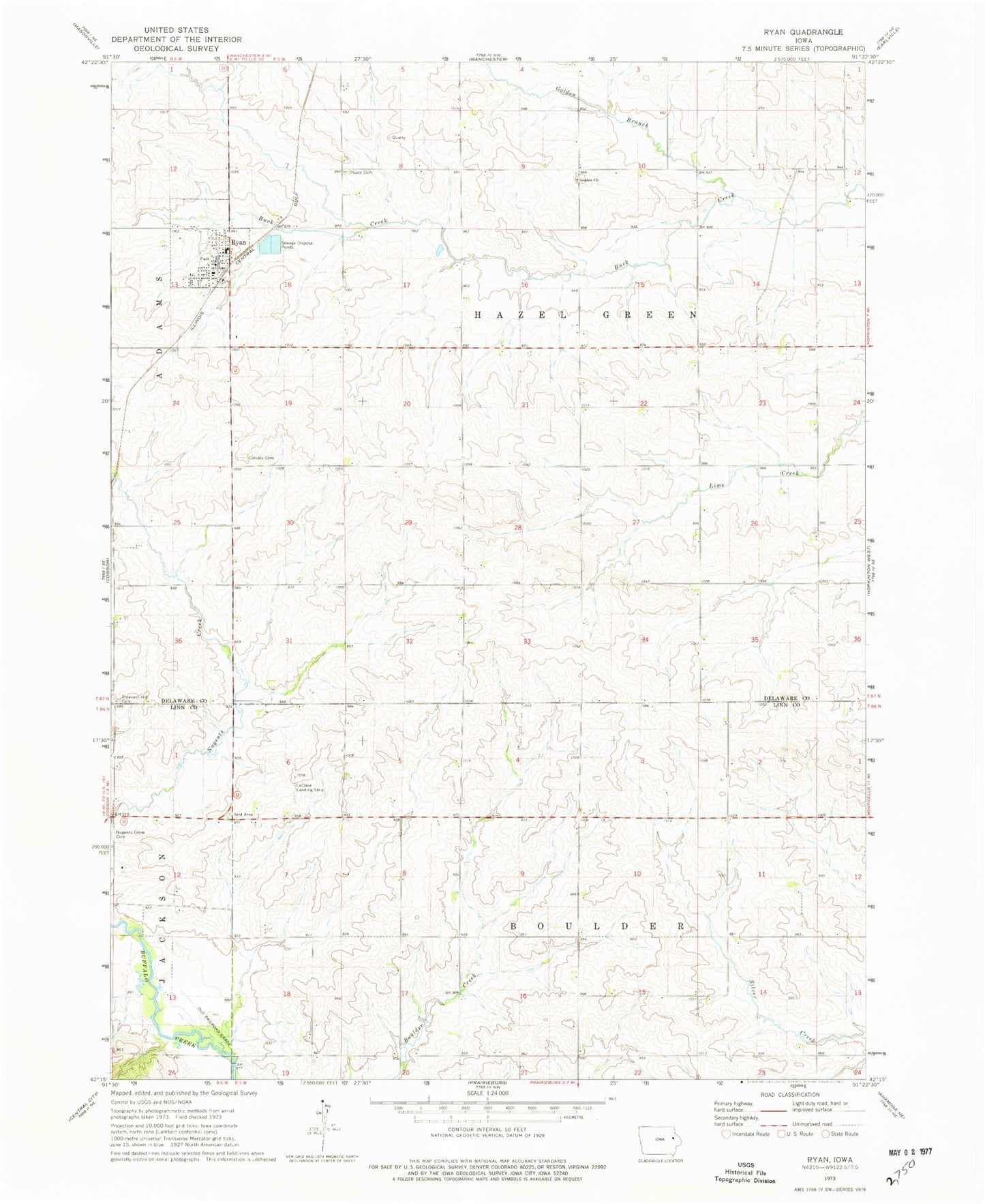 Classic USGS Ryan Iowa 7.5'x7.5' Topo Map Image