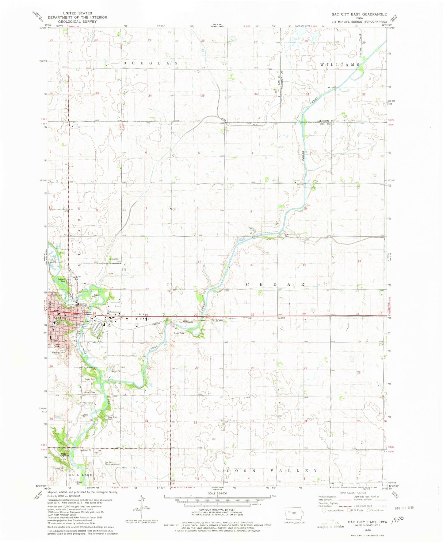 Classic USGS Sac City East Iowa 7.5'x7.5' Topo Map Image