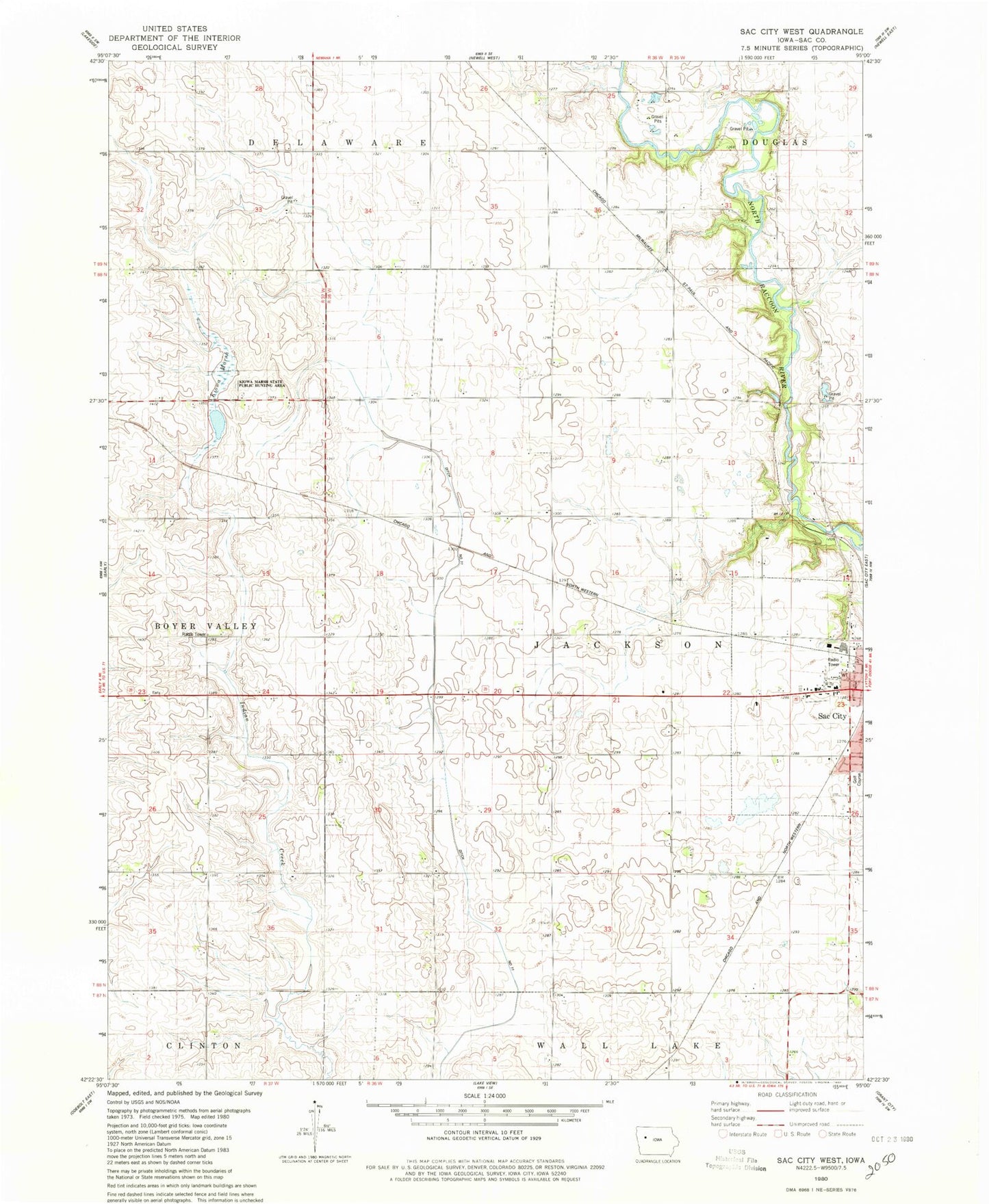 Classic USGS Sac City West Iowa 7.5'x7.5' Topo Map Image