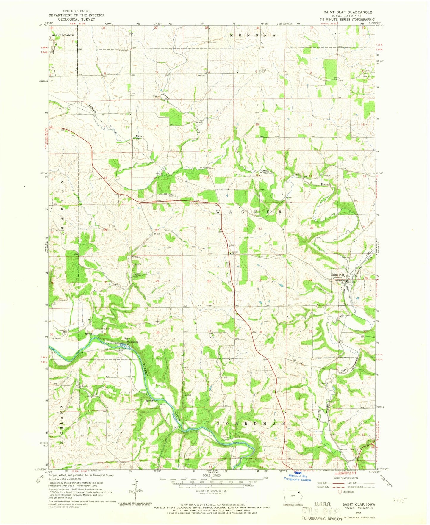 Classic USGS Saint Olaf Iowa 7.5'x7.5' Topo Map Image