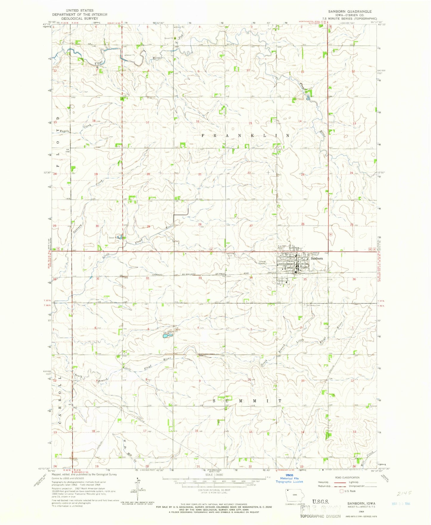 Classic USGS Sanborn Iowa 7.5'x7.5' Topo Map Image