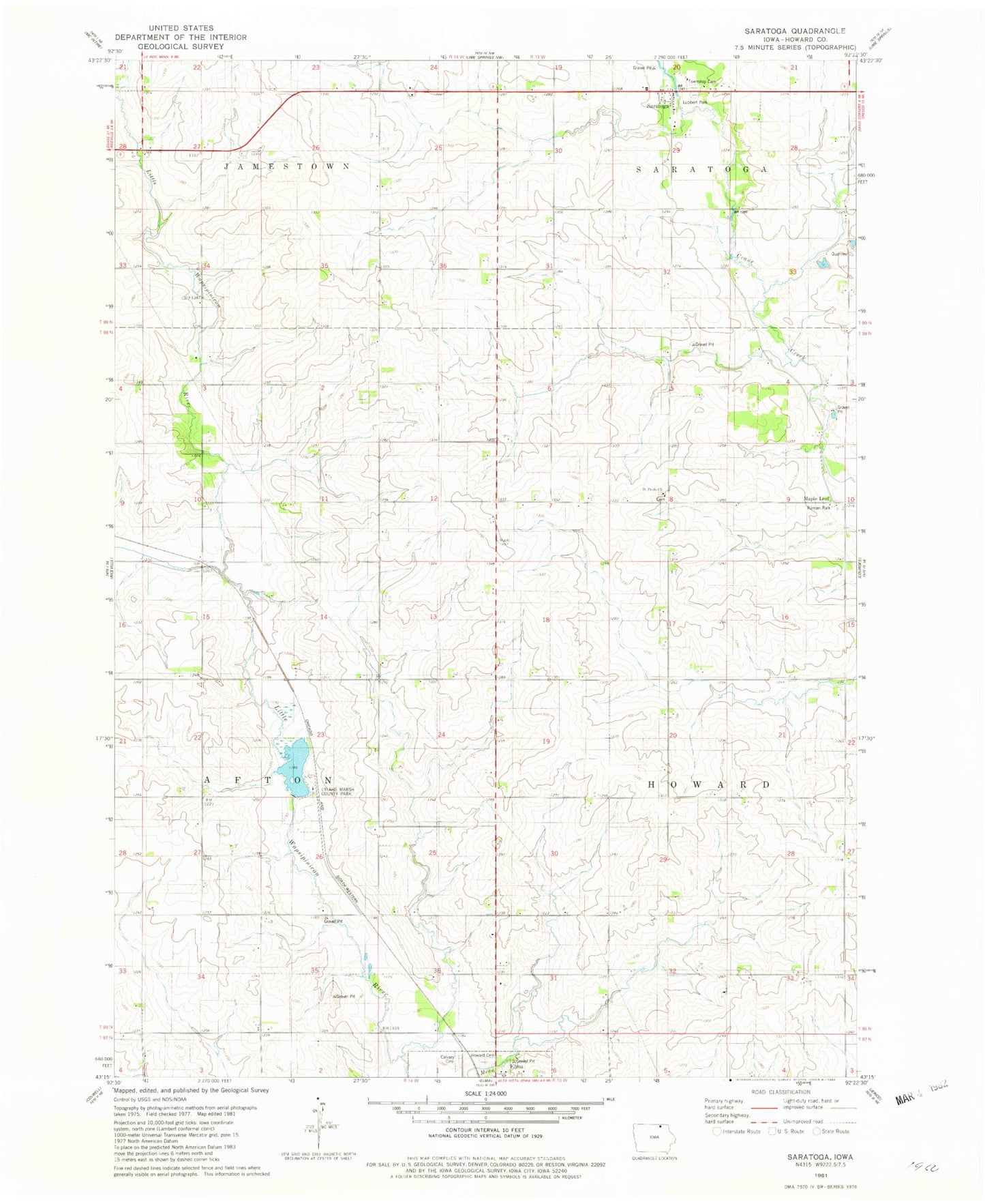 Classic USGS Saratoga Iowa 7.5'x7.5' Topo Map Image