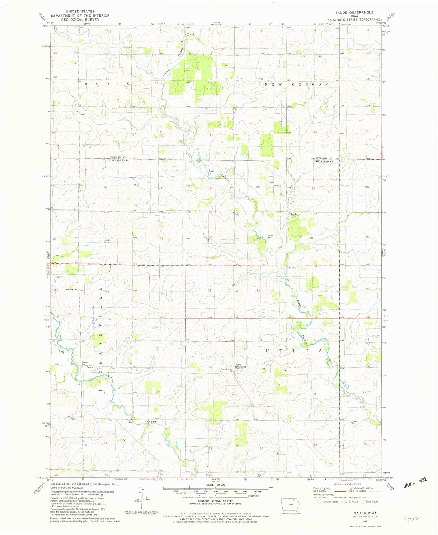Classic USGS Saude Iowa 7.5'x7.5' Topo Map Image