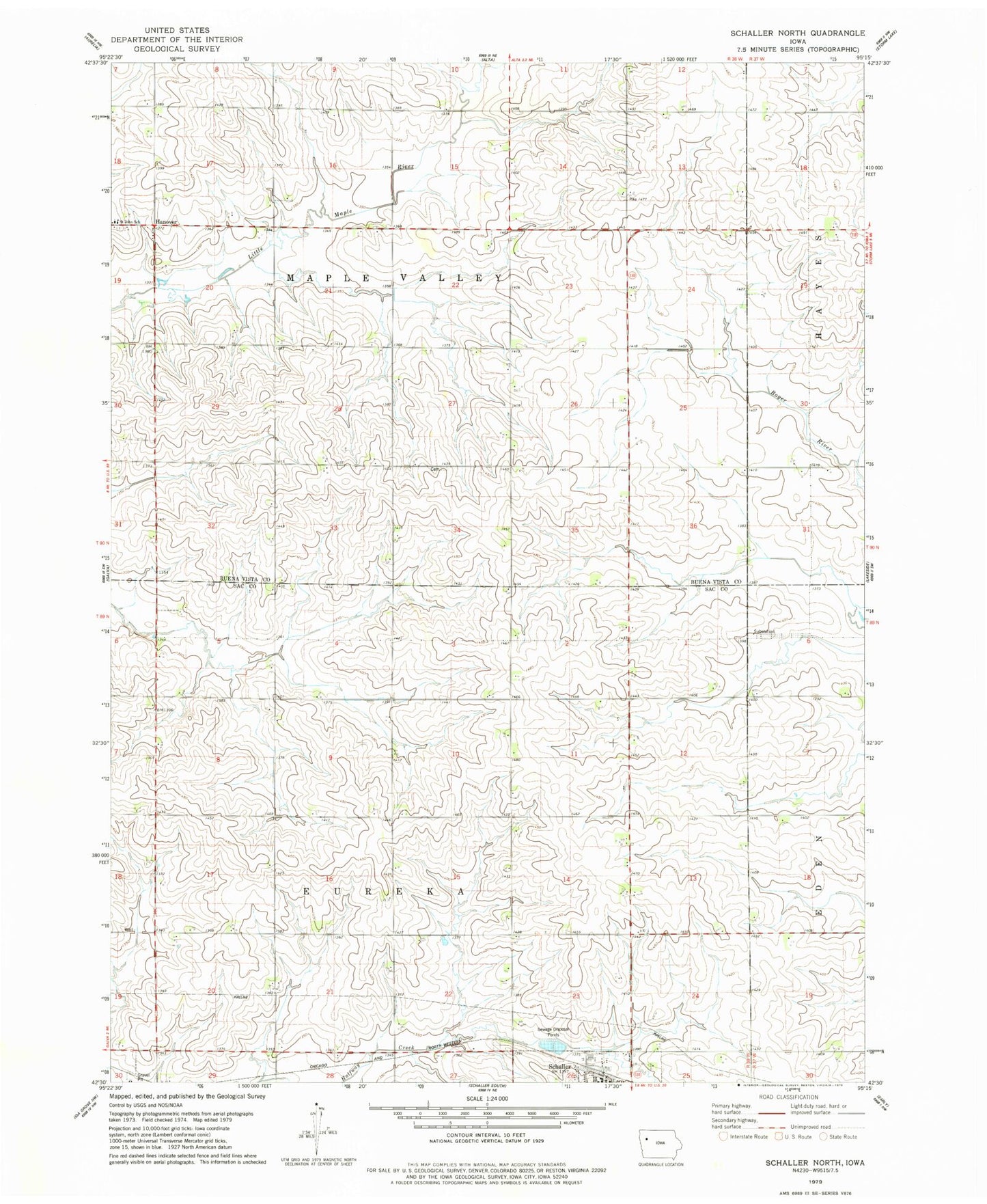 Classic USGS Schaller North Iowa 7.5'x7.5' Topo Map Image