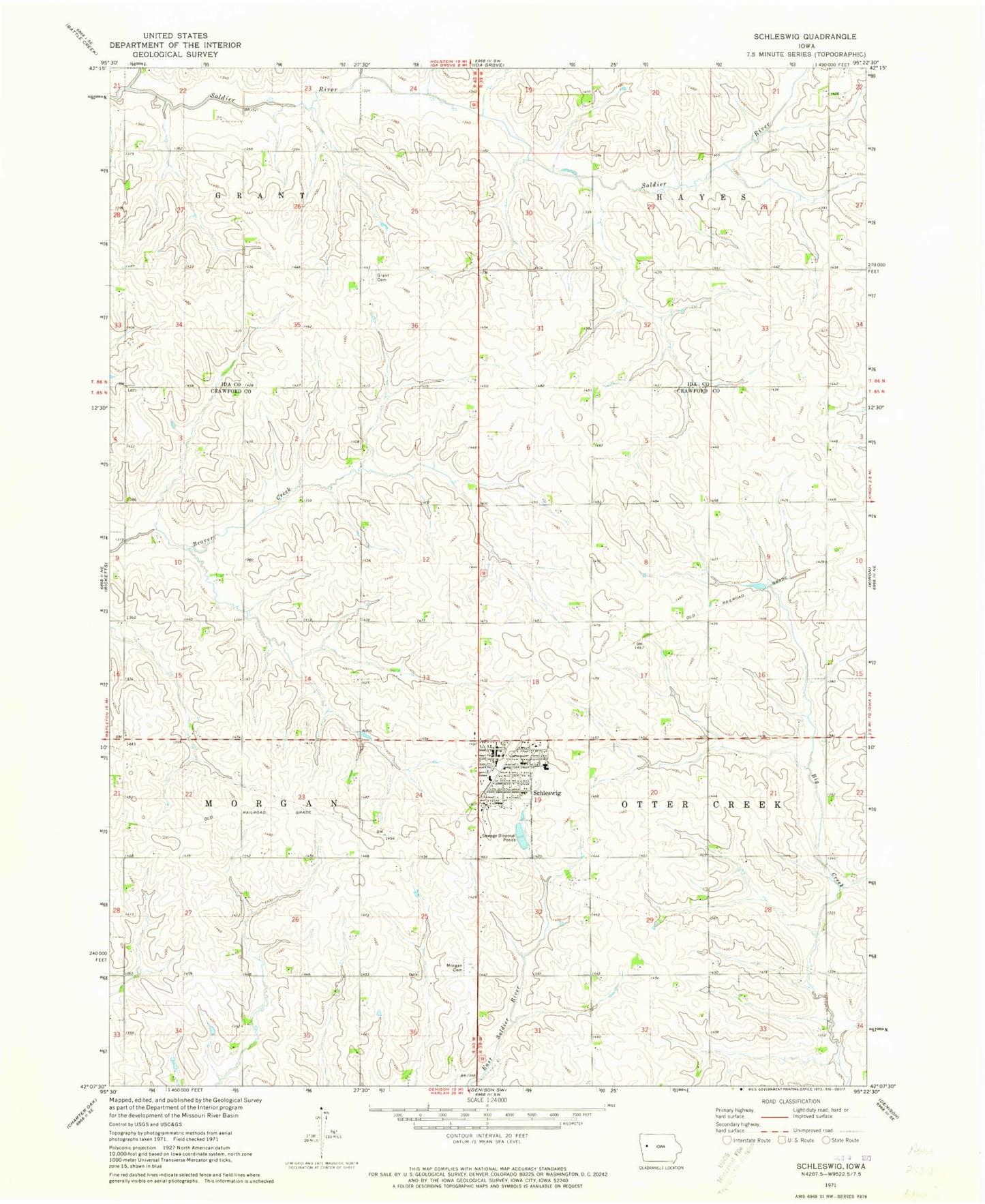 Classic USGS Schleswig Iowa 7.5'x7.5' Topo Map Image