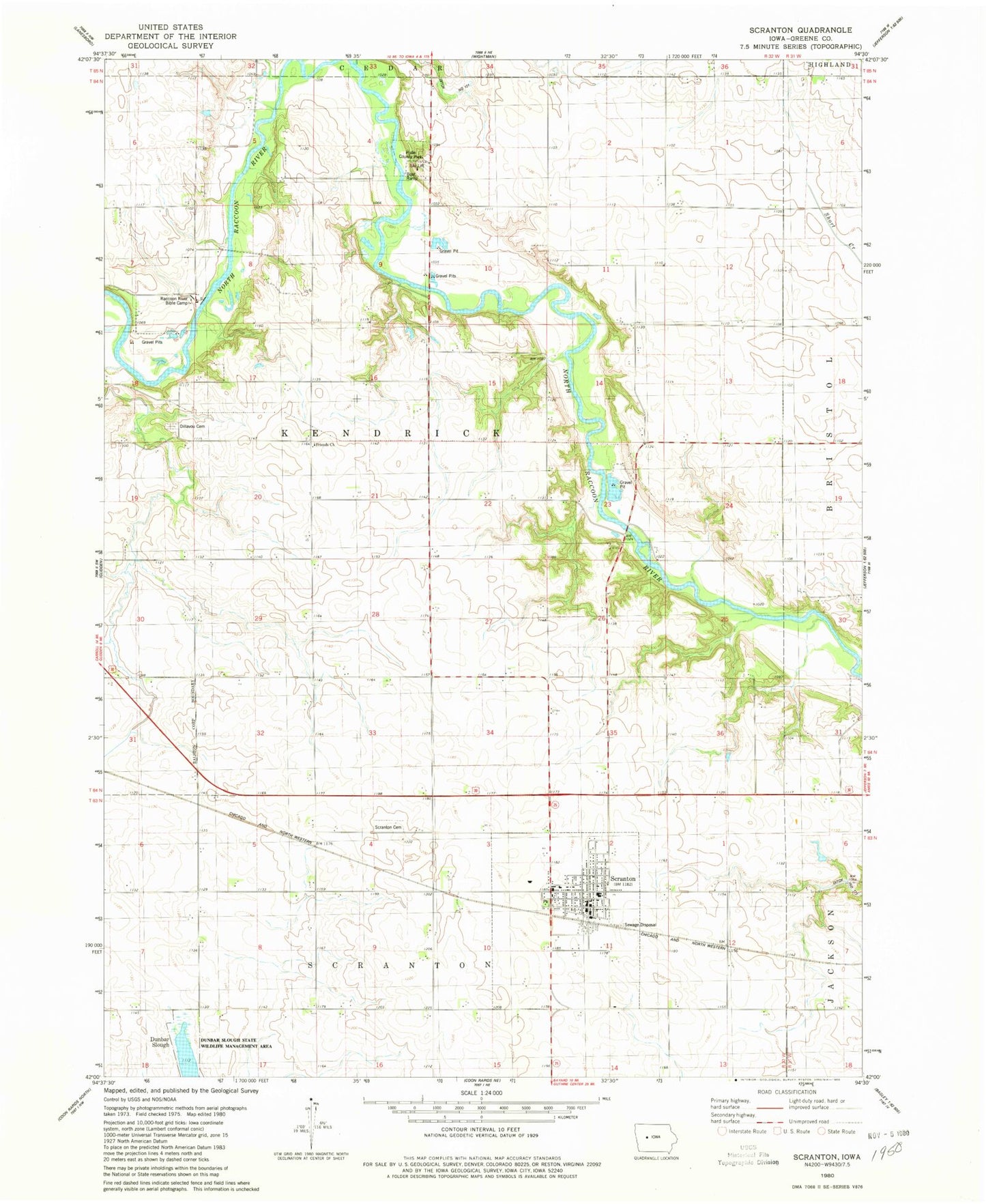 Classic USGS Scranton Iowa 7.5'x7.5' Topo Map Image