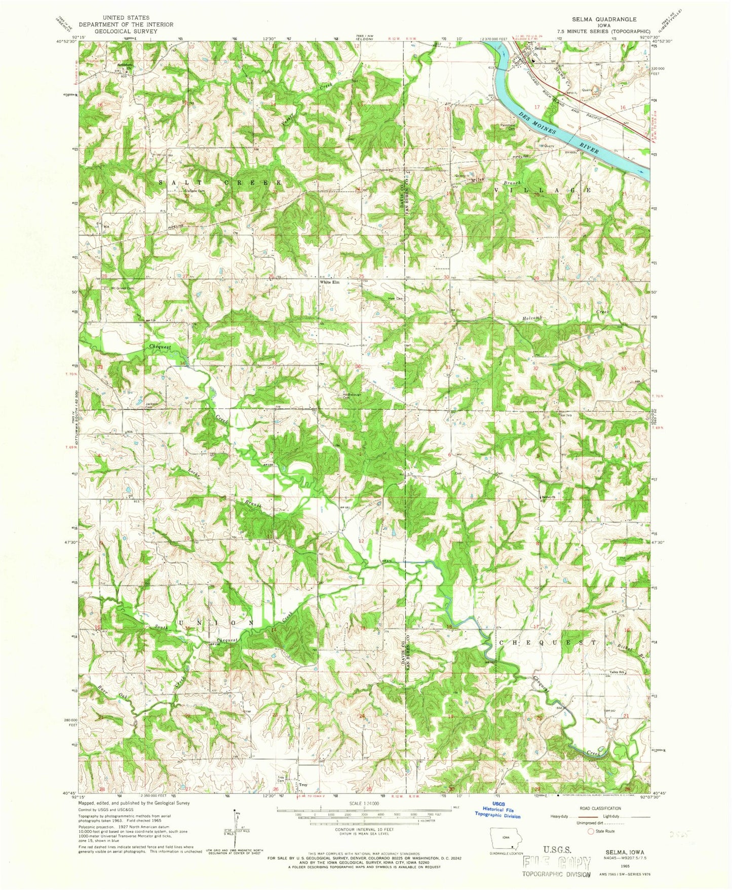Classic USGS Selma Iowa 7.5'x7.5' Topo Map Image