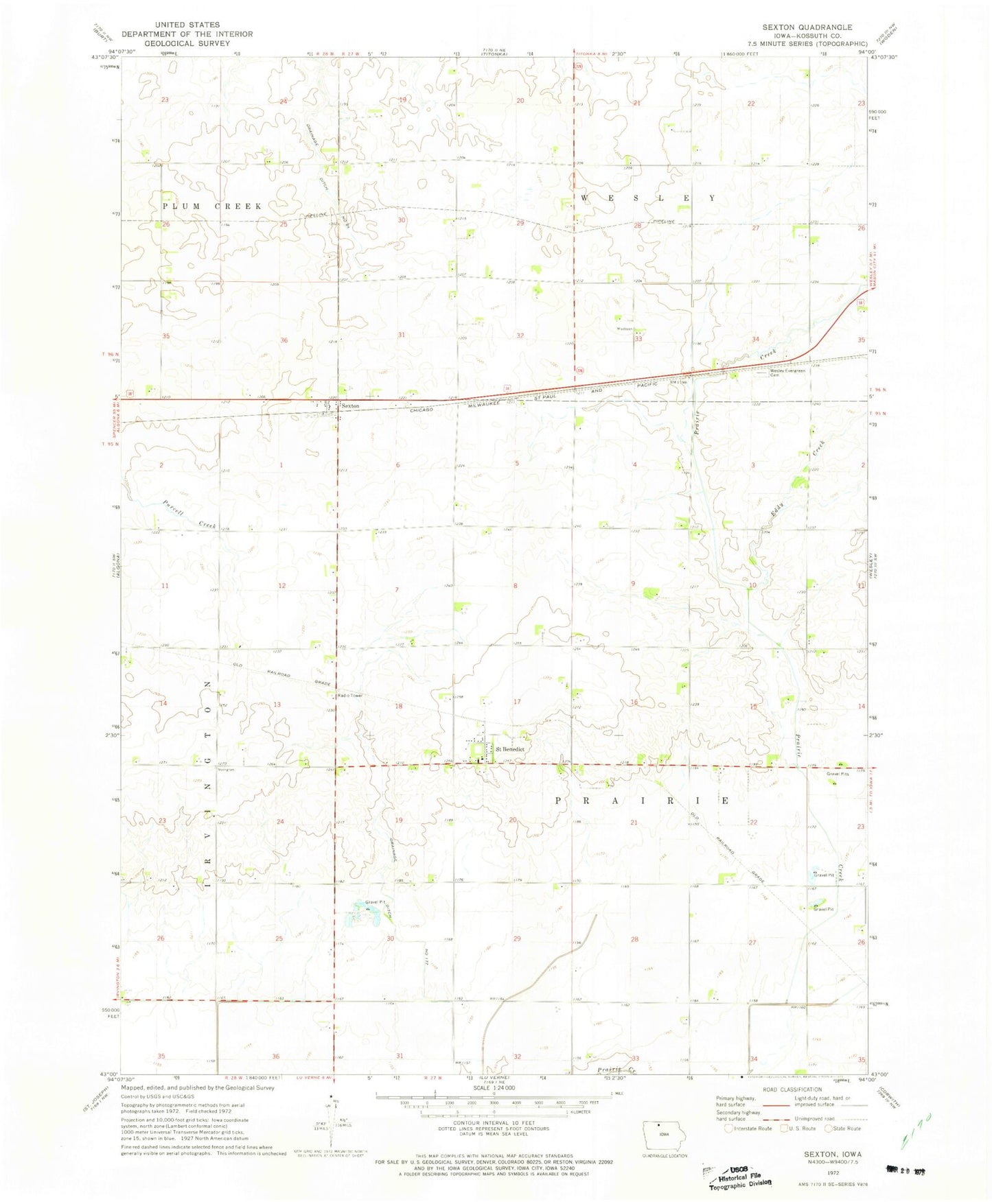 Classic USGS Sexton Iowa 7.5'x7.5' Topo Map Image