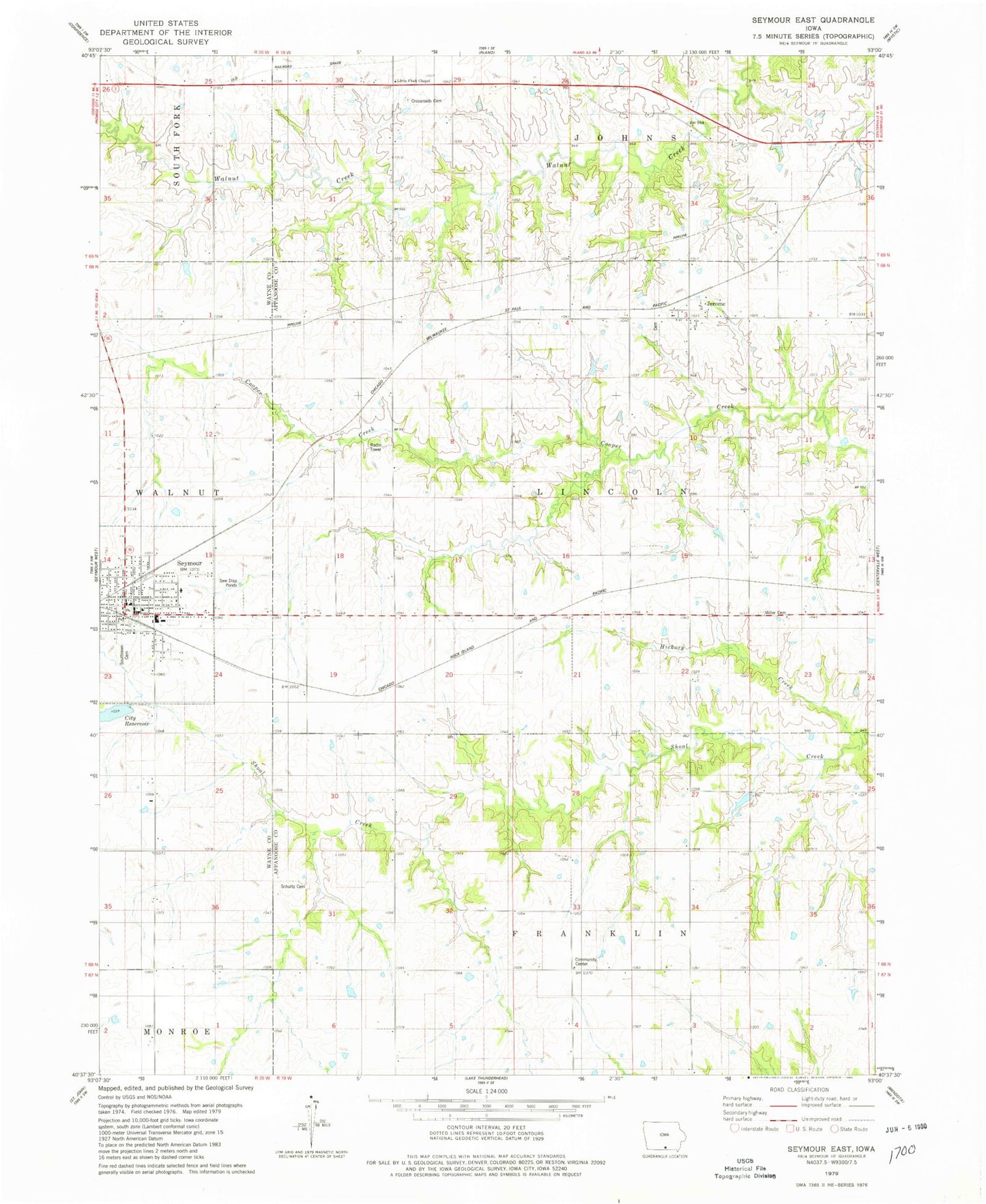Classic USGS Seymour East Iowa 7.5'x7.5' Topo Map Image