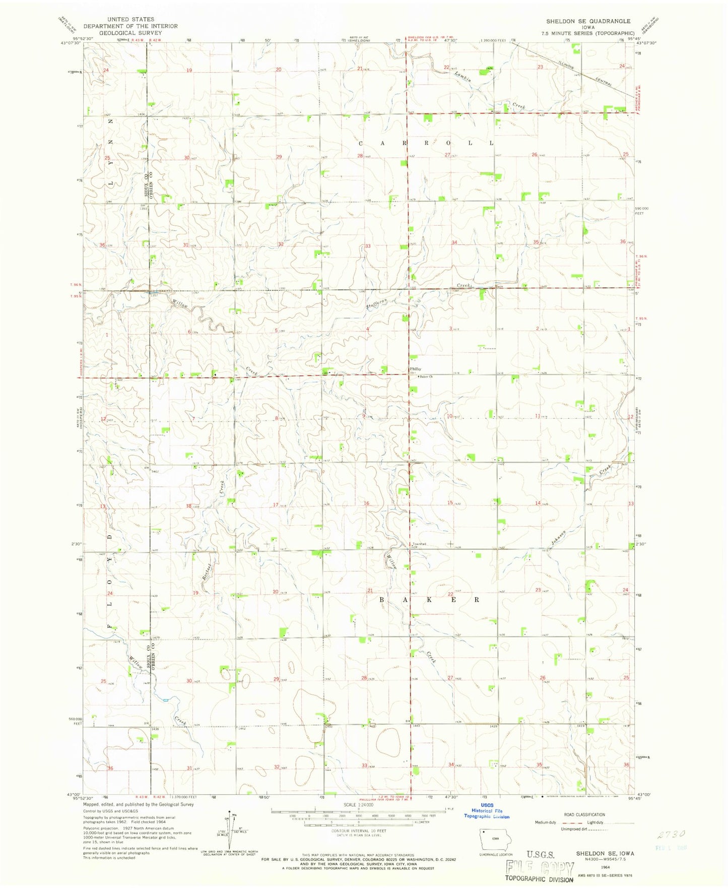 Classic USGS Sheldon SE Iowa 7.5'x7.5' Topo Map Image