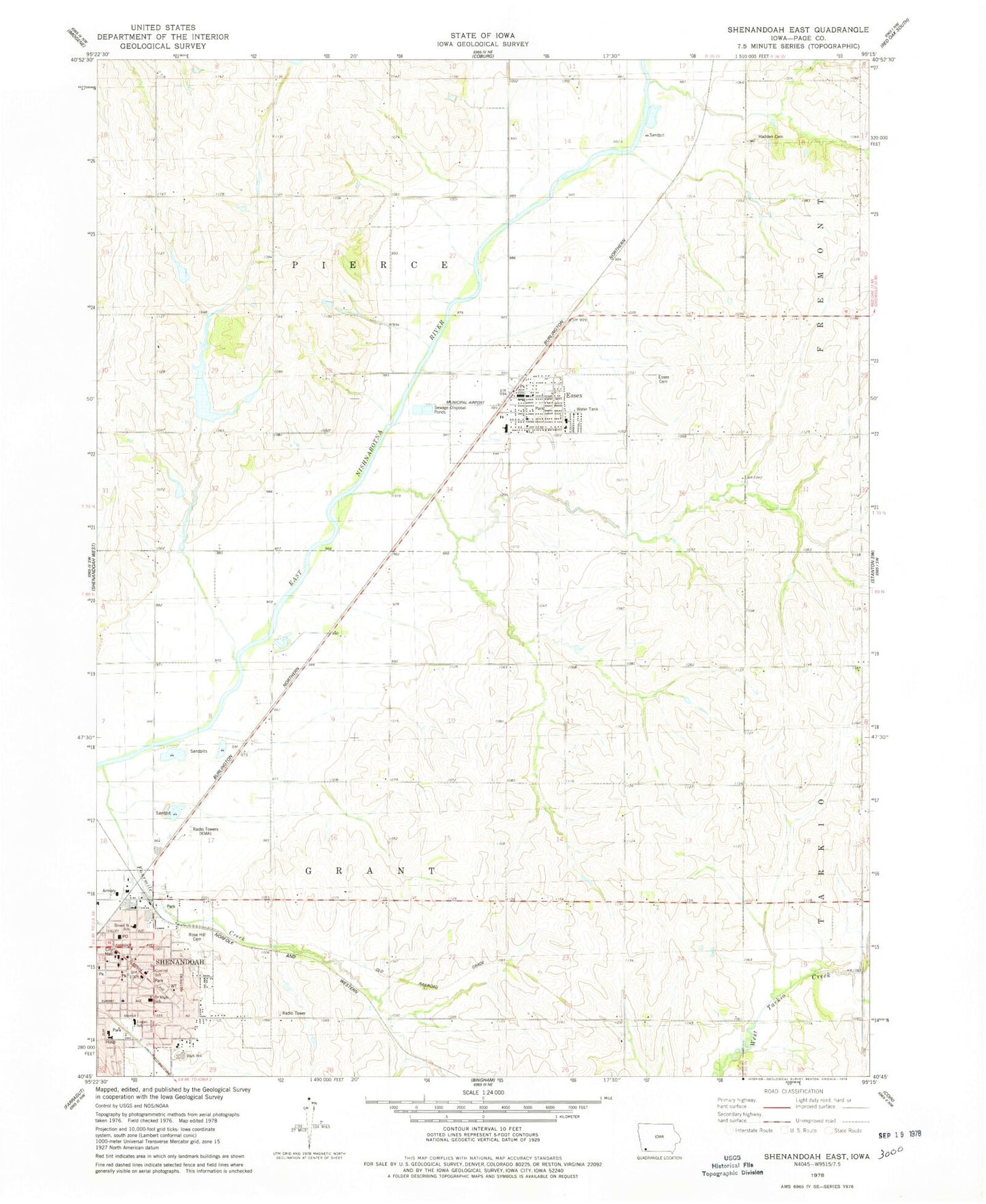Classic USGS Shenandoah East Iowa 7.5'x7.5' Topo Map Image