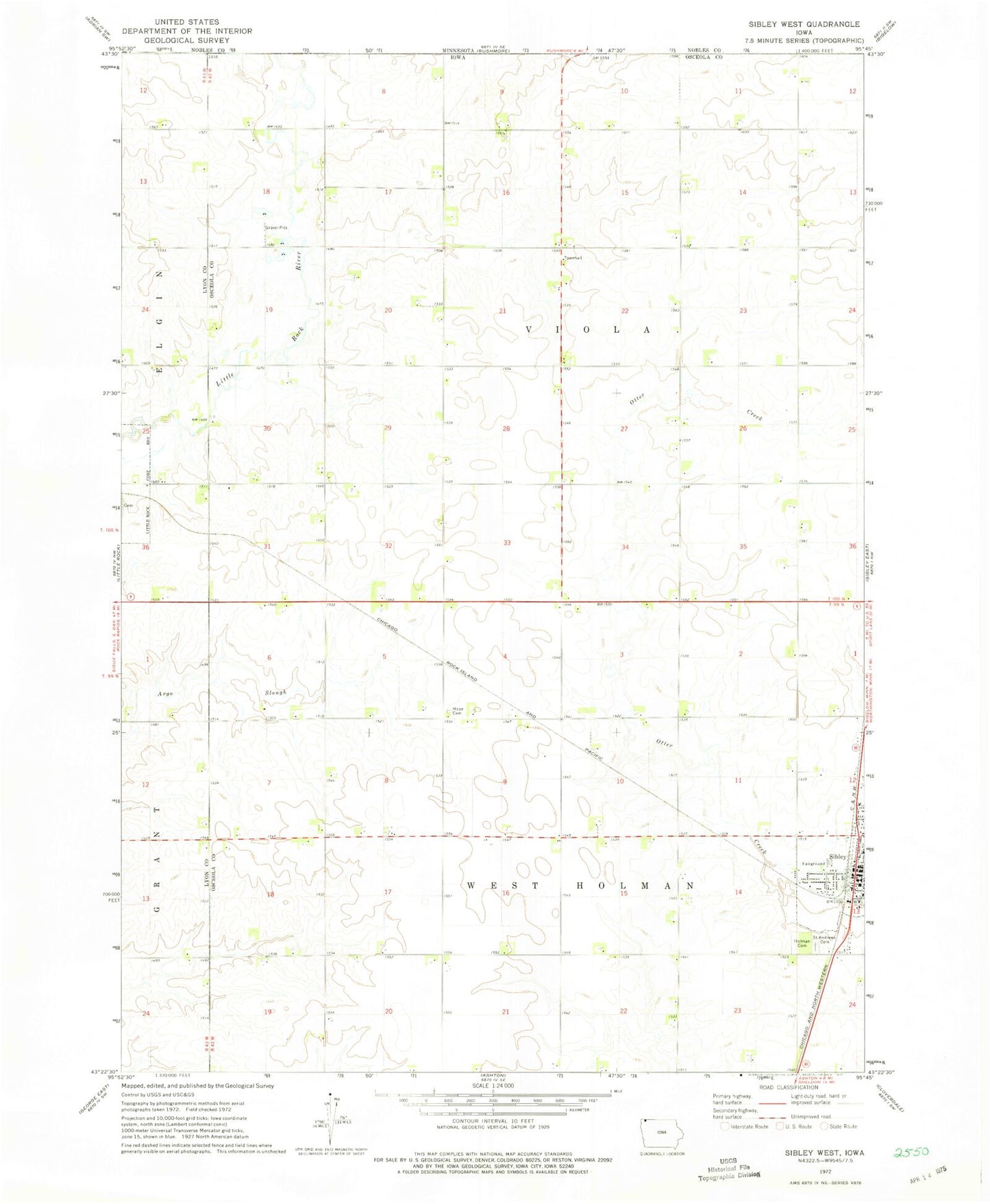 Classic USGS Sibley West Iowa 7.5'x7.5' Topo Map Image