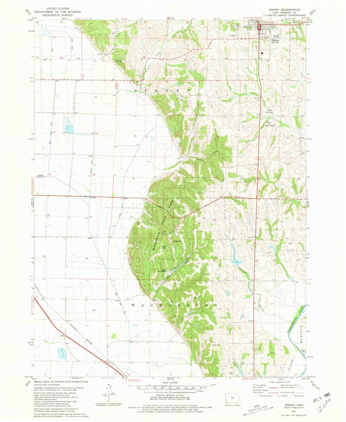 Classic USGS Sidney Iowa 7.5'x7.5' Topo Map Image