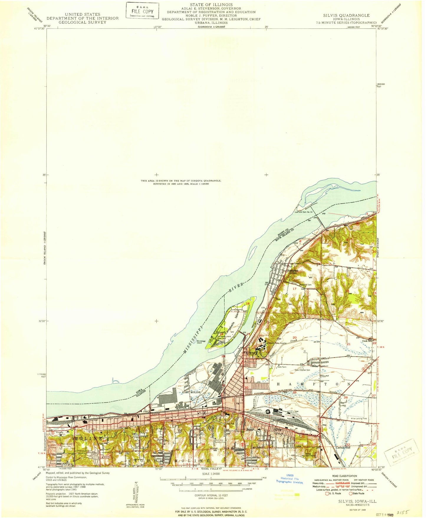 Classic USGS Silvis Illinois 7.5'x7.5' Topo Map Image