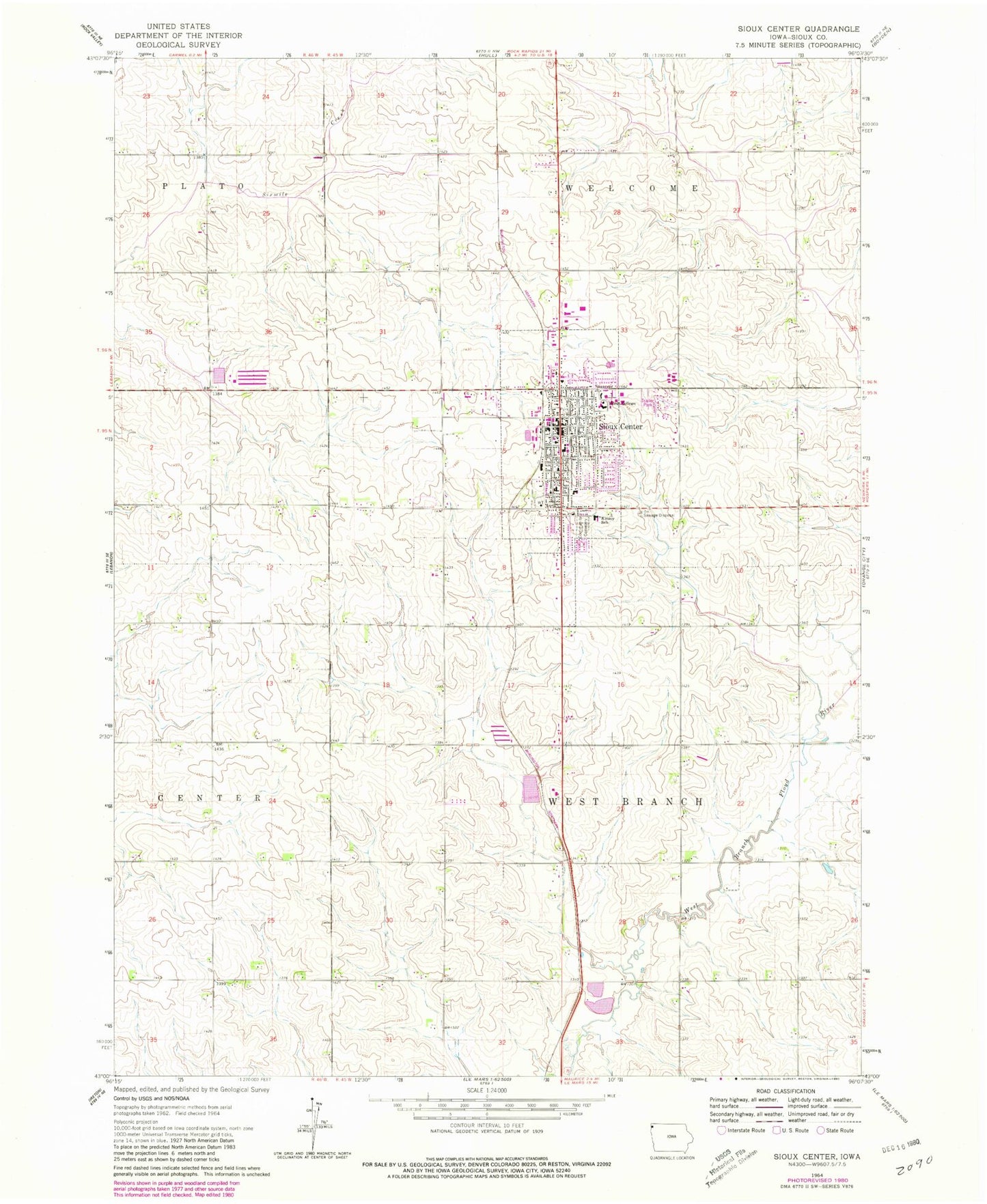 Classic USGS Sioux Center Iowa 7.5'x7.5' Topo Map Image