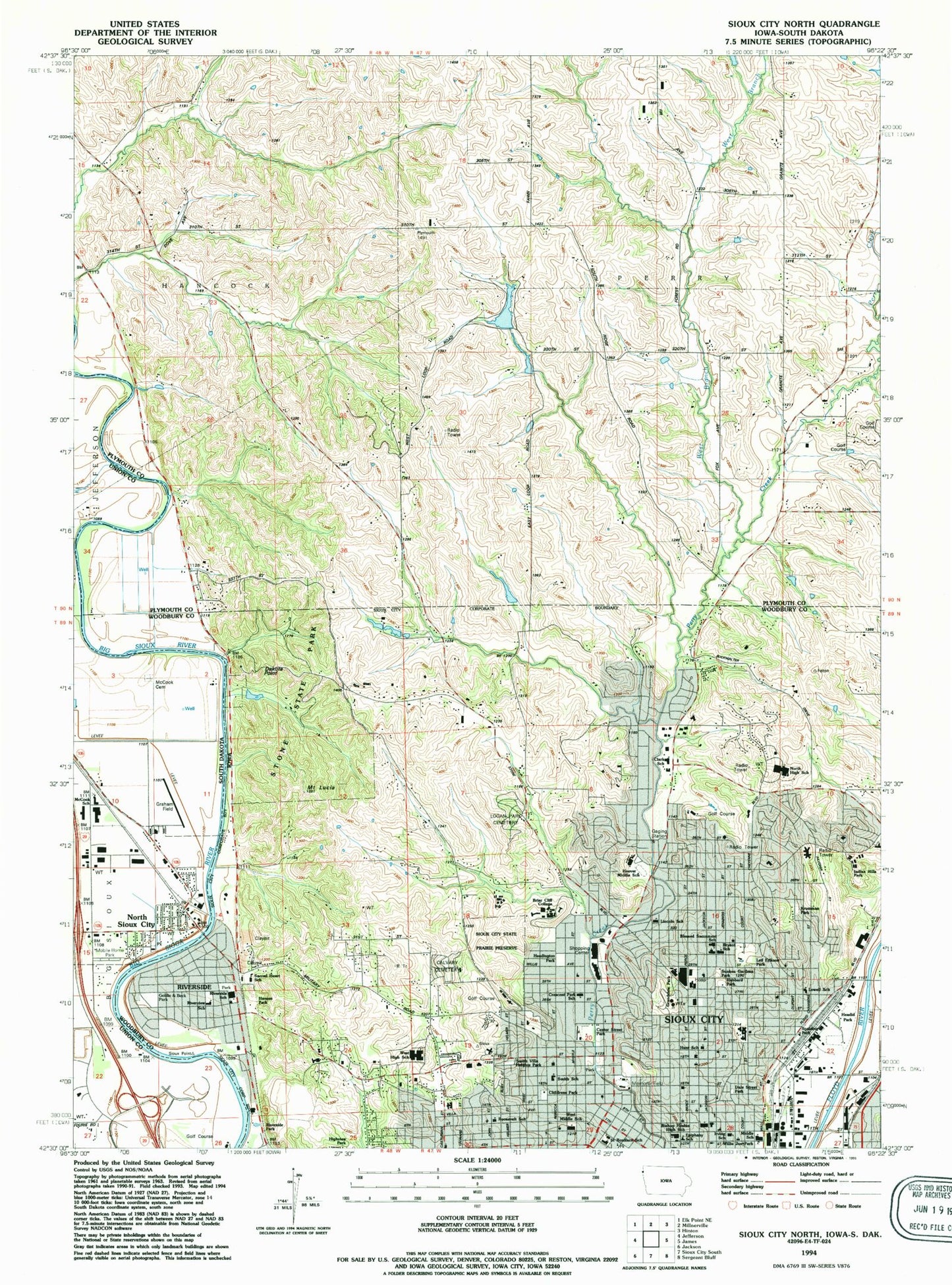 Classic USGS Sioux City North Iowa 7.5'x7.5' Topo Map Image