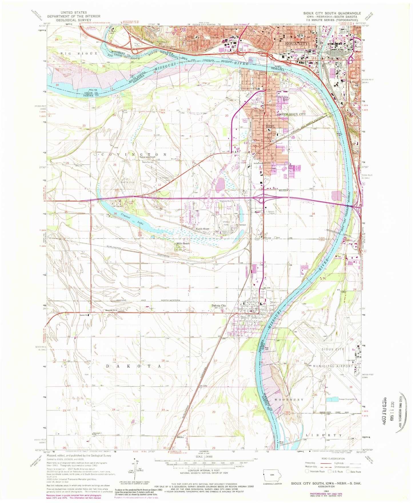 Classic USGS Sioux City South Iowa 7.5'x7.5' Topo Map Image