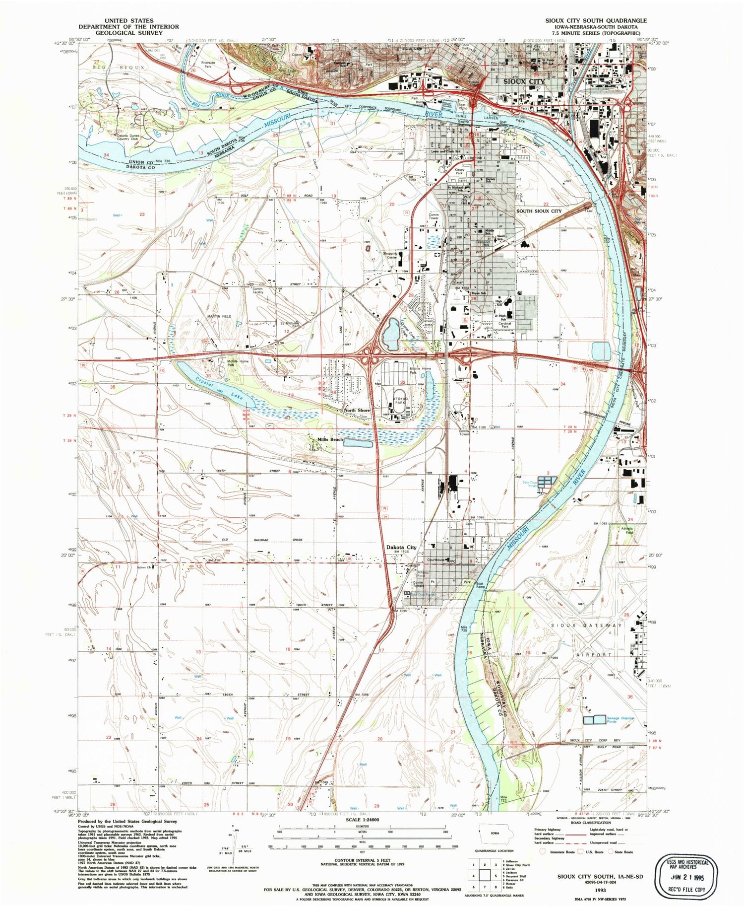 Classic USGS Sioux City South Iowa 7.5'x7.5' Topo Map Image
