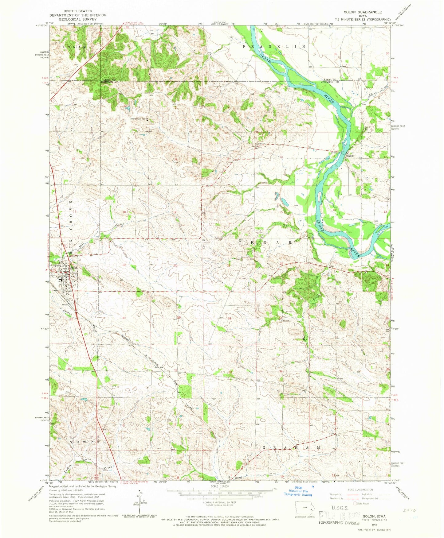 Classic USGS Solon Iowa 7.5'x7.5' Topo Map Image