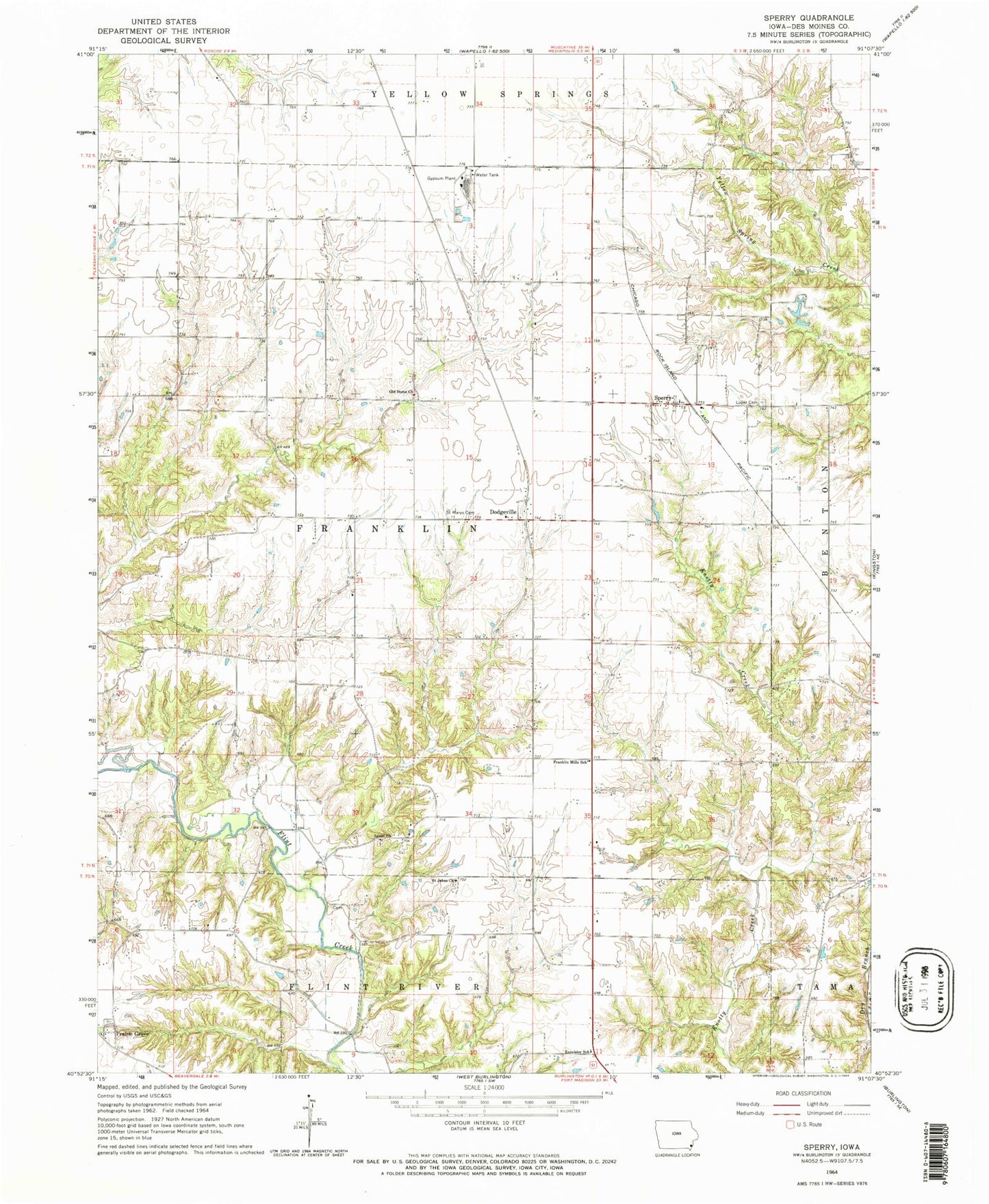 Classic USGS Sperry Iowa 7.5'x7.5' Topo Map Image