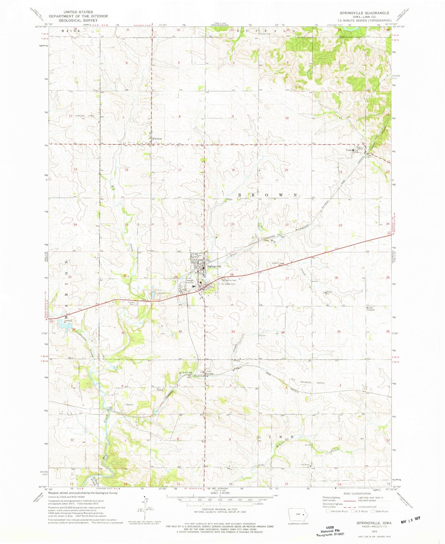 Classic USGS Springville Iowa 7.5'x7.5' Topo Map Image