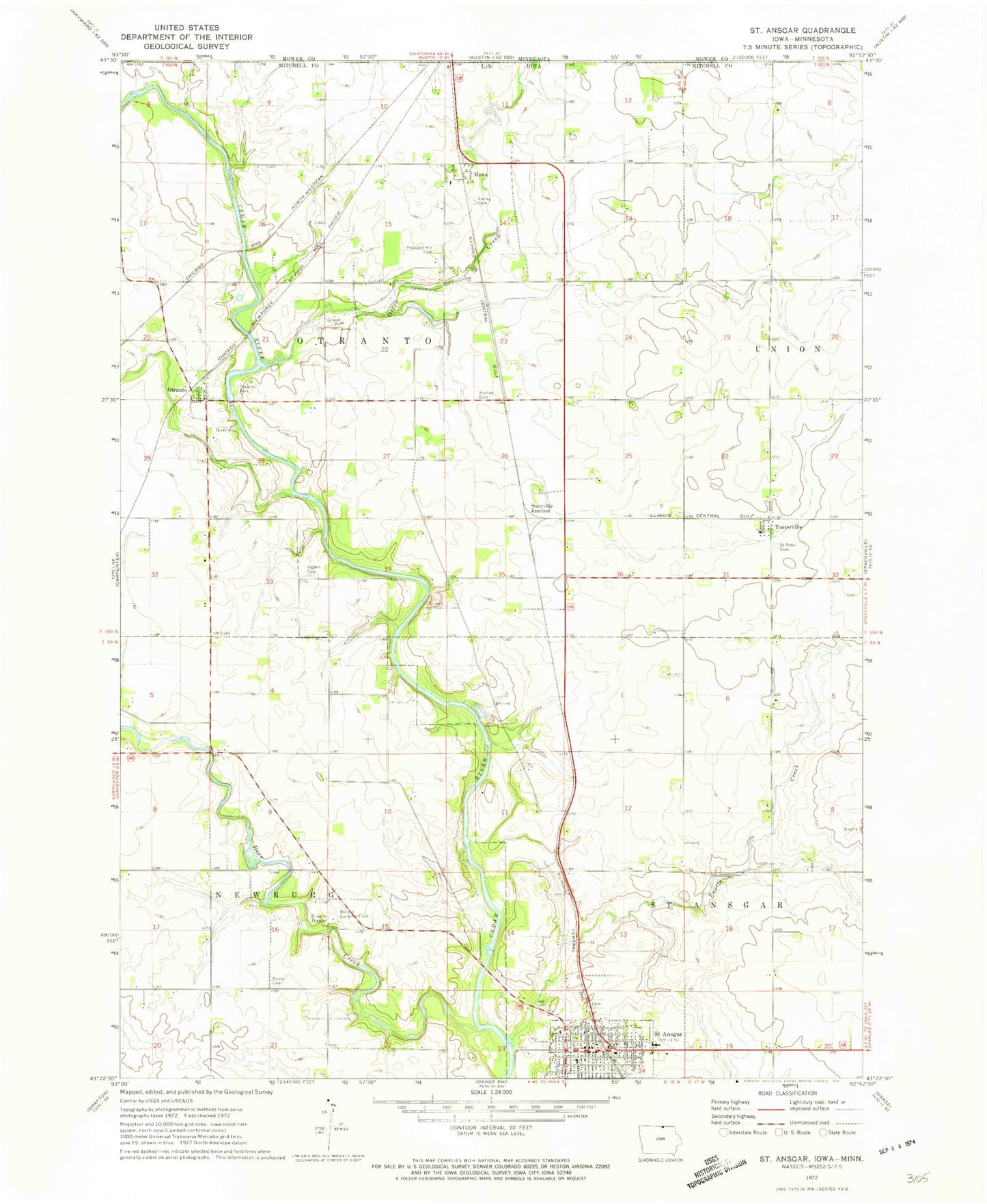 Classic USGS Saint Ansgar Iowa 7.5'x7.5' Topo Map Image