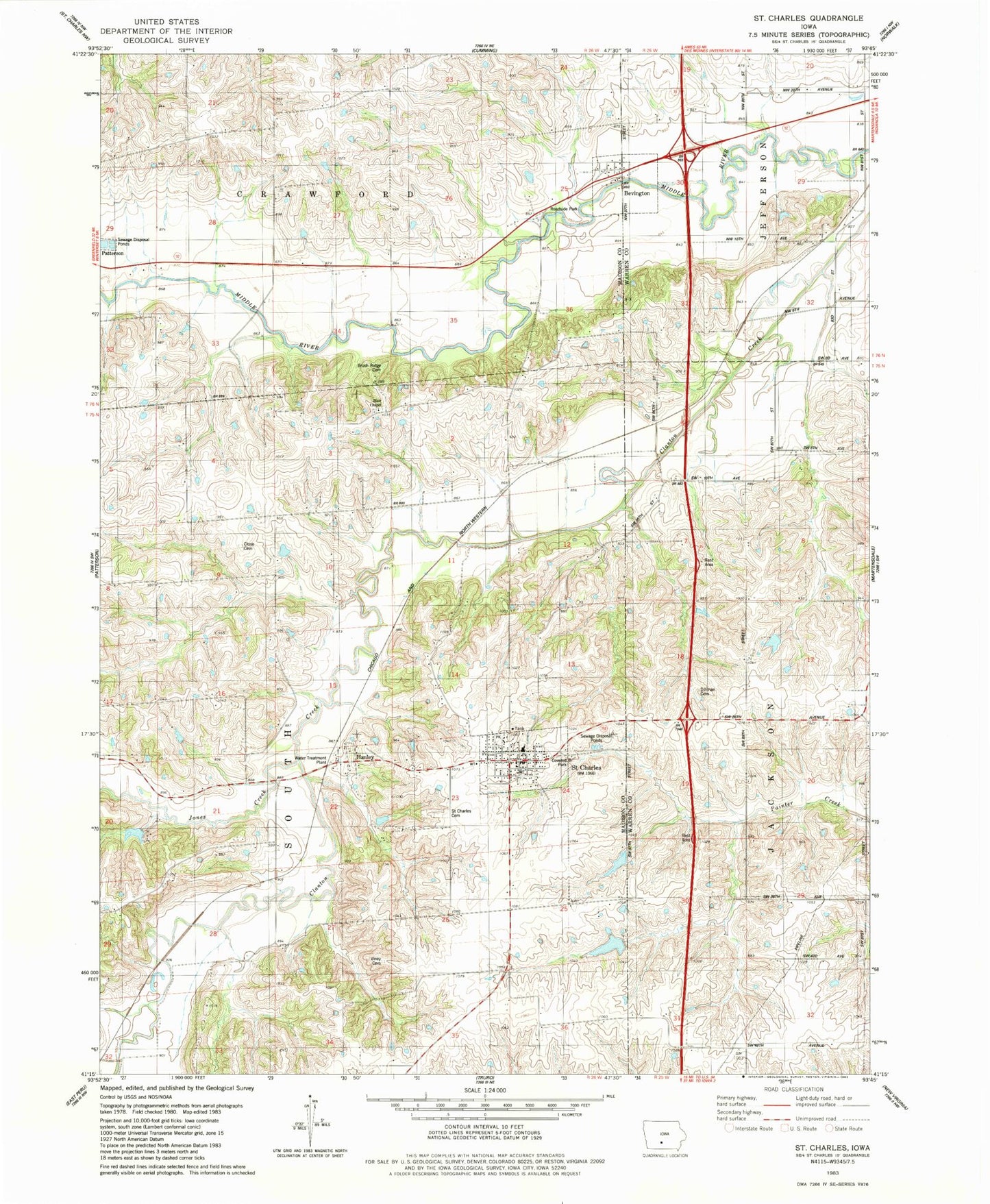 Classic USGS Saint Charles Iowa 7.5'x7.5' Topo Map Image