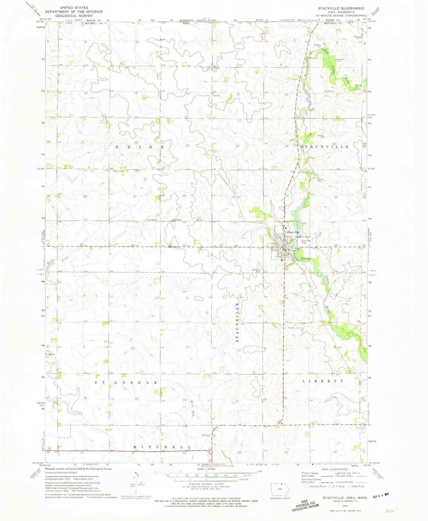 Classic USGS Stacyville Iowa 7.5'x7.5' Topo Map Image