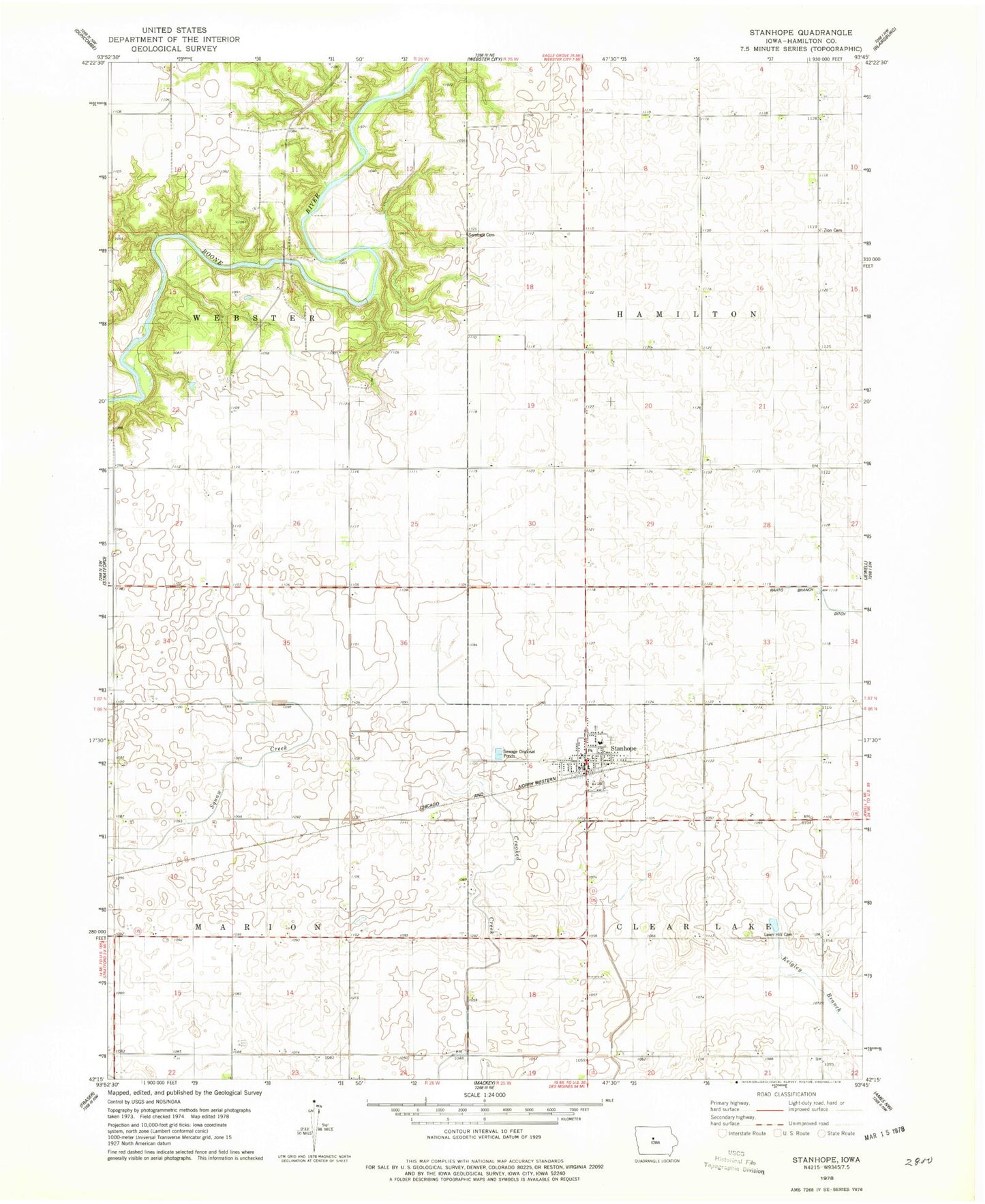 Classic USGS Stanhope Iowa 7.5'x7.5' Topo Map Image