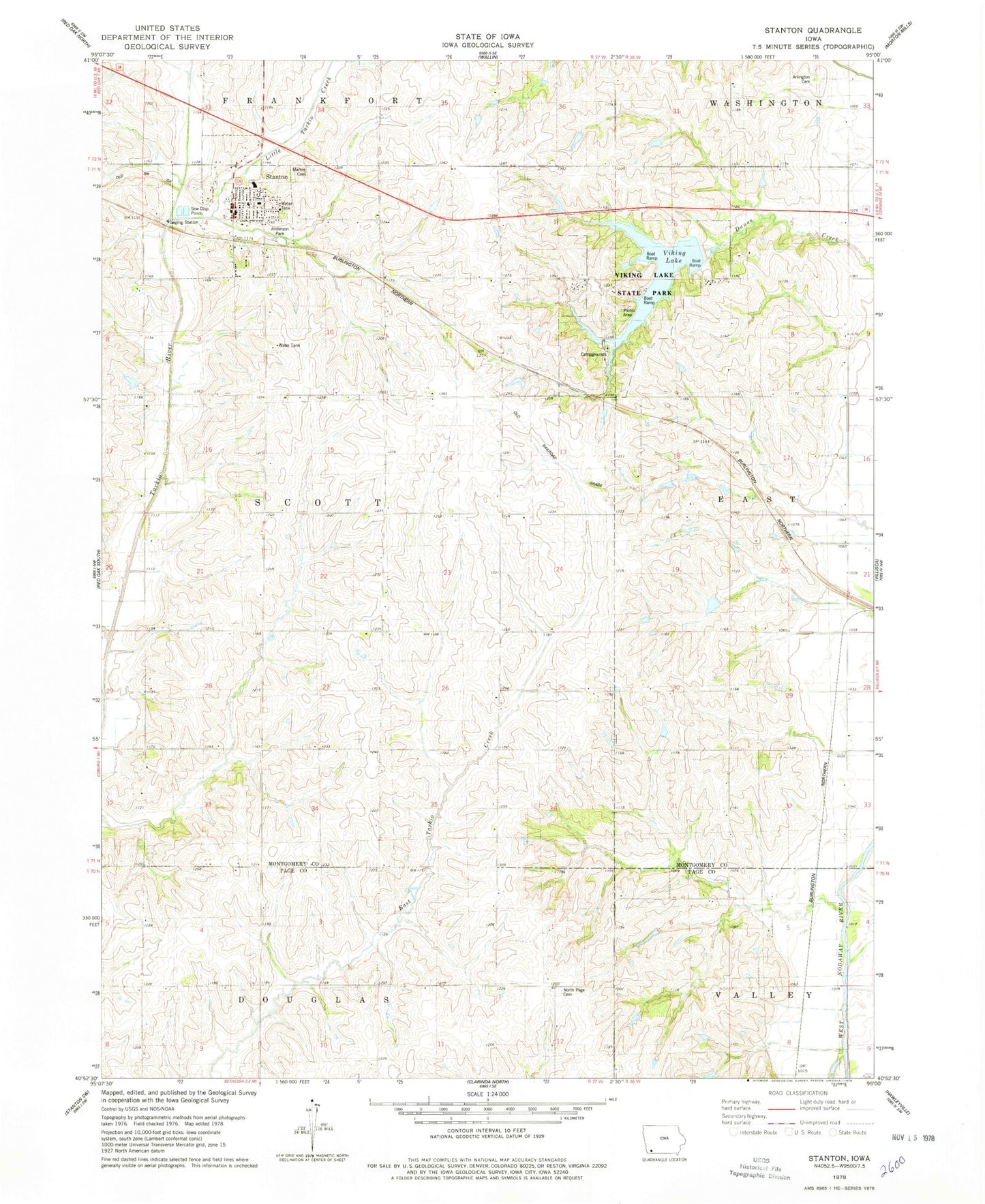 Classic USGS Stanton Iowa 7.5'x7.5' Topo Map Image