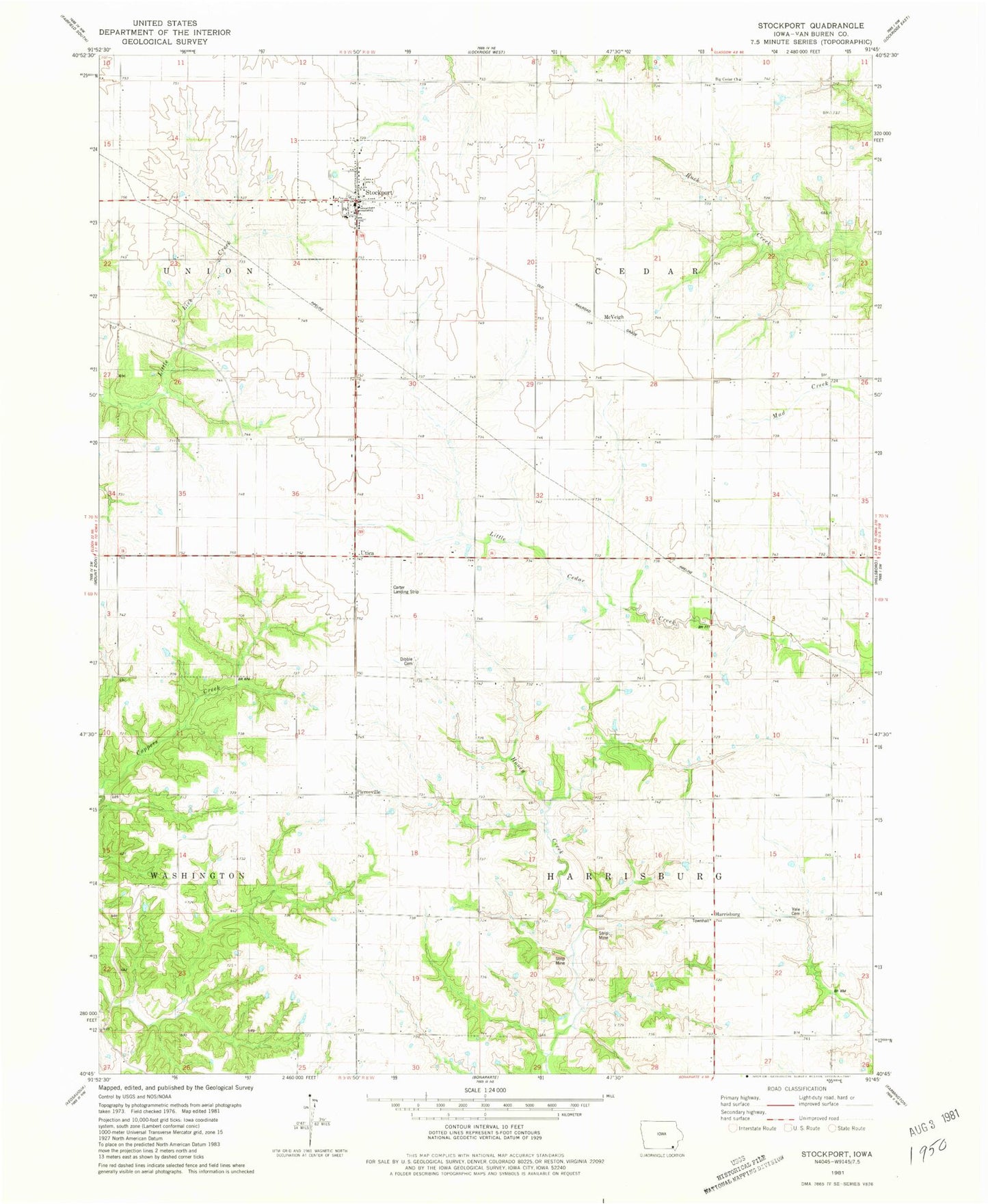 Classic USGS Stockport Iowa 7.5'x7.5' Topo Map Image
