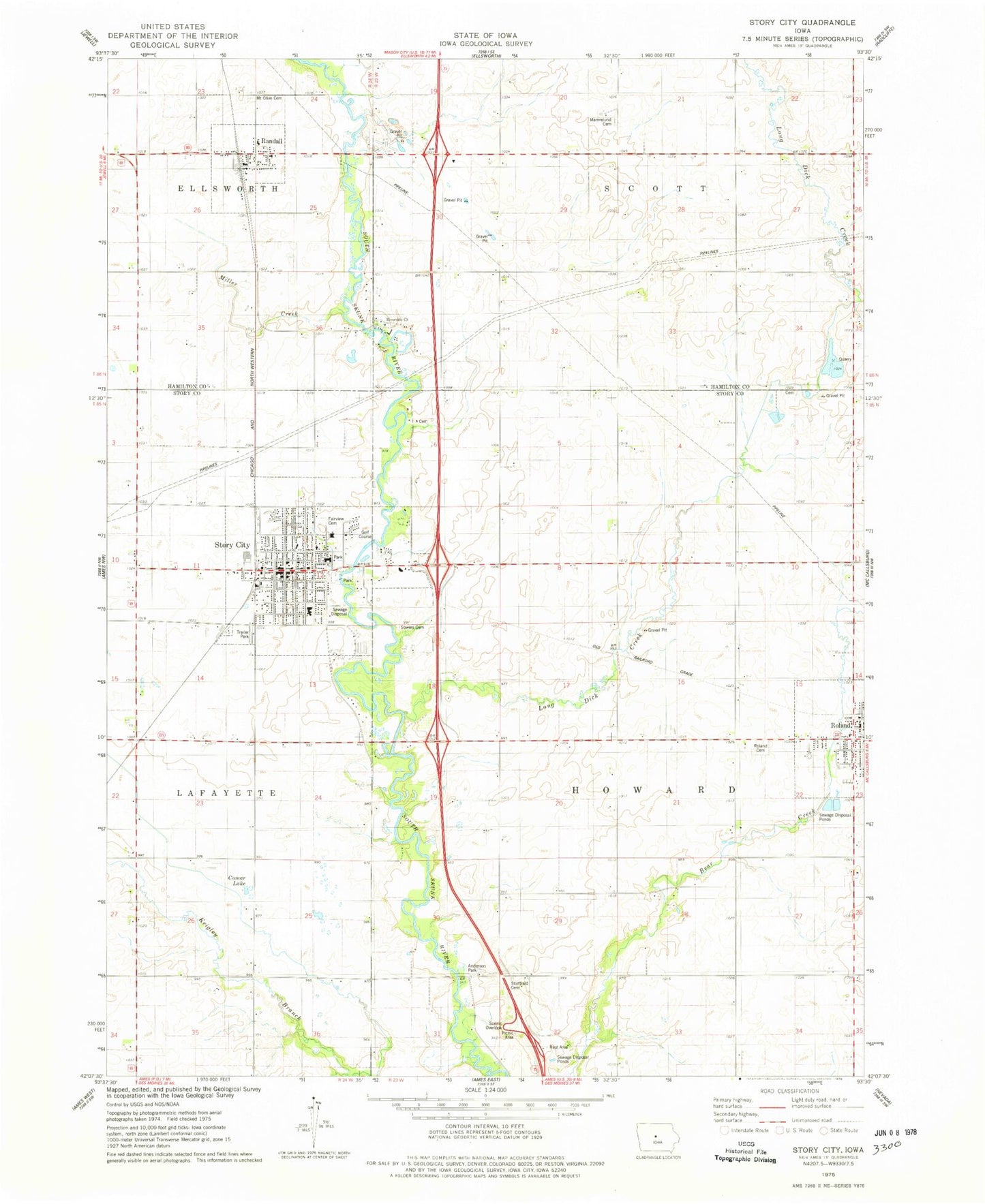 Classic USGS Story City Iowa 7.5'x7.5' Topo Map Image