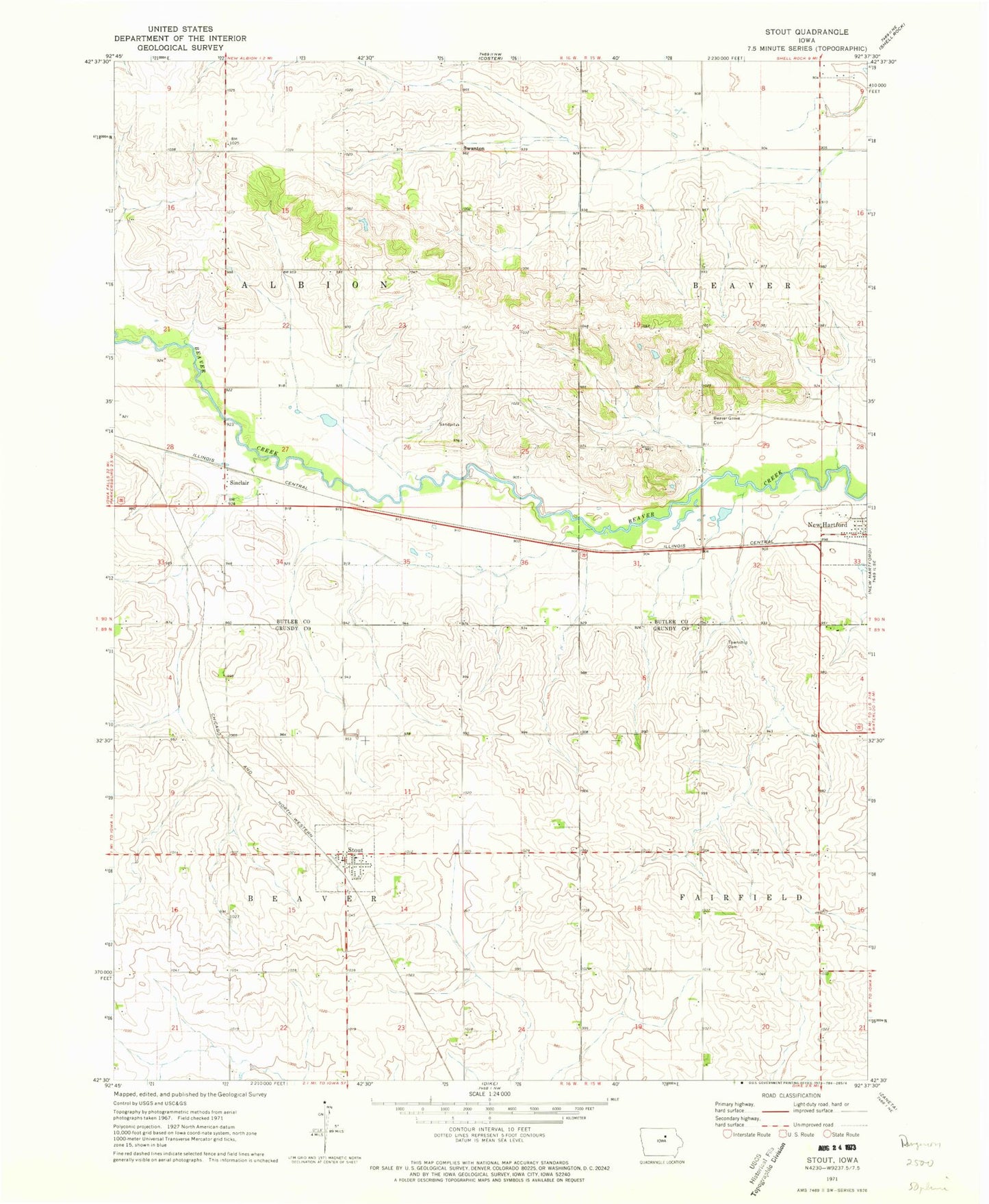 Classic USGS Stout Iowa 7.5'x7.5' Topo Map Image