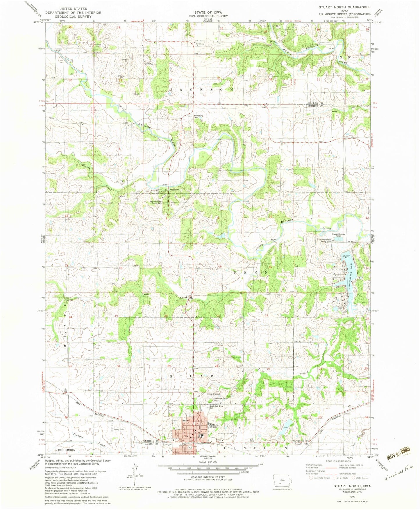 Classic USGS Stuart North Iowa 7.5'x7.5' Topo Map Image