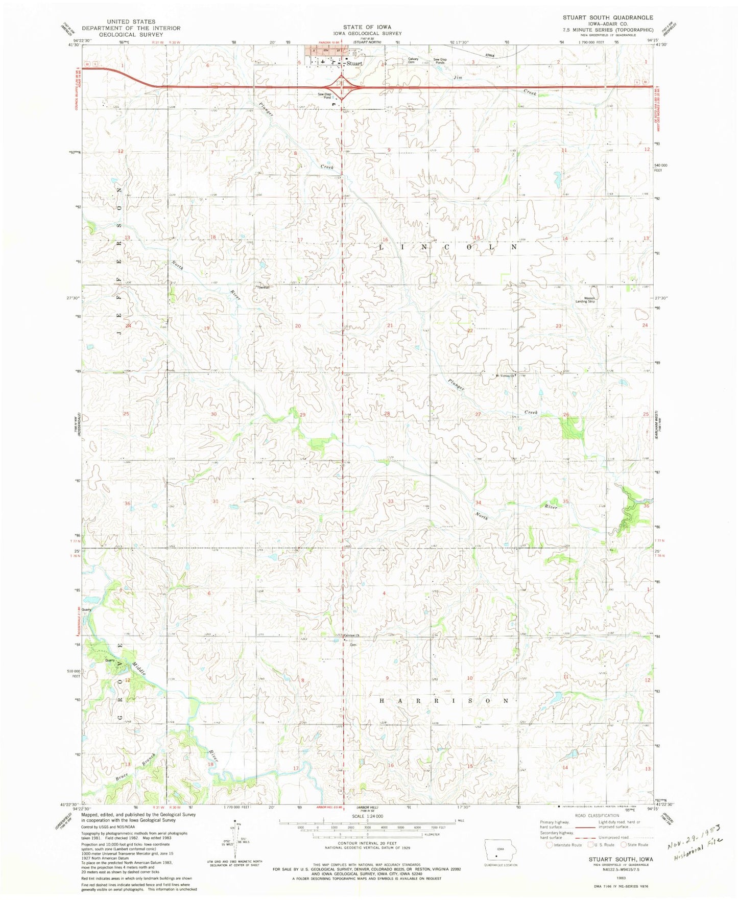 Classic USGS Stuart South Iowa 7.5'x7.5' Topo Map Image