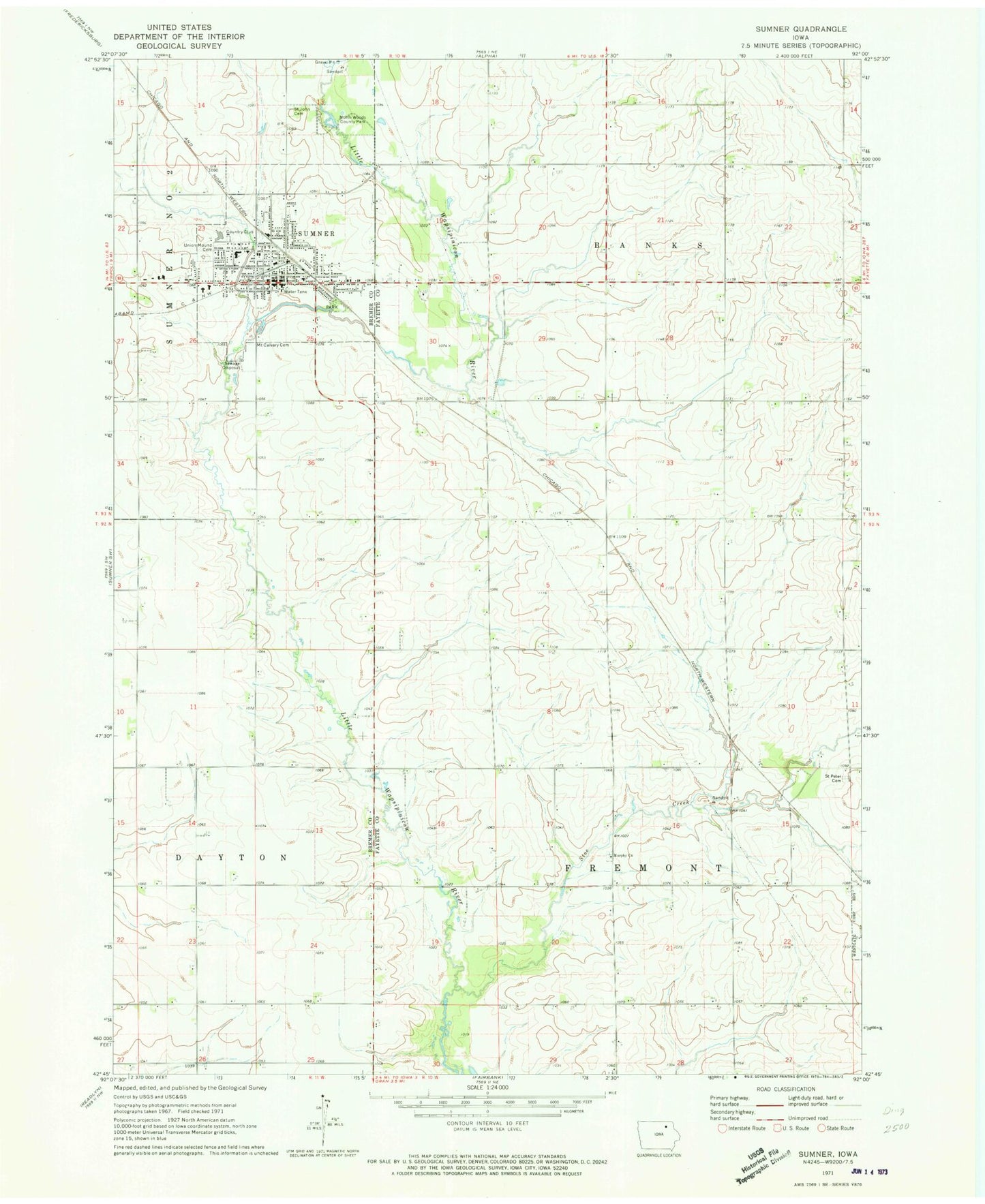 Classic USGS Sumner Iowa 7.5'x7.5' Topo Map Image