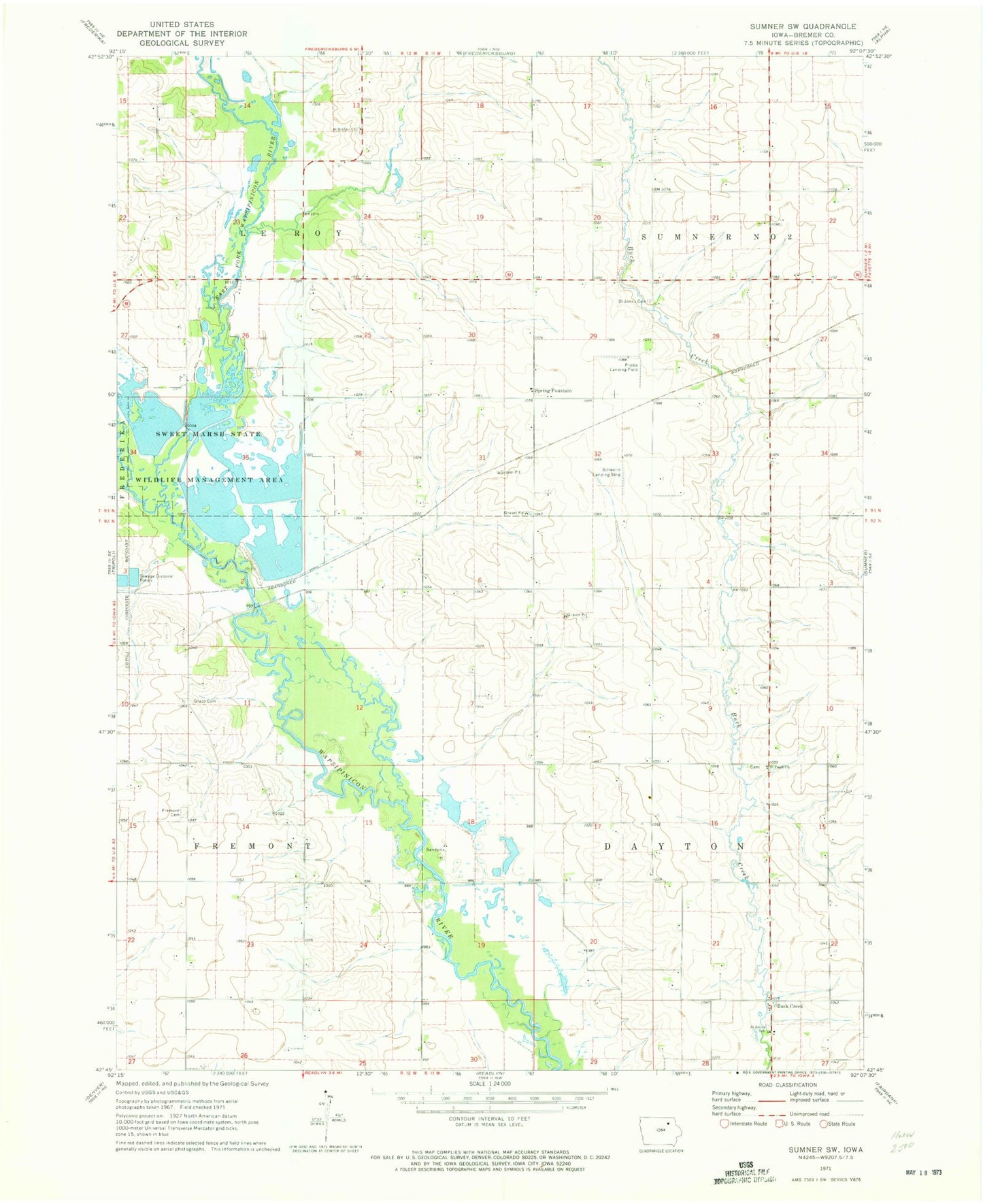 Classic USGS Sumner SW Iowa 7.5'x7.5' Topo Map Image
