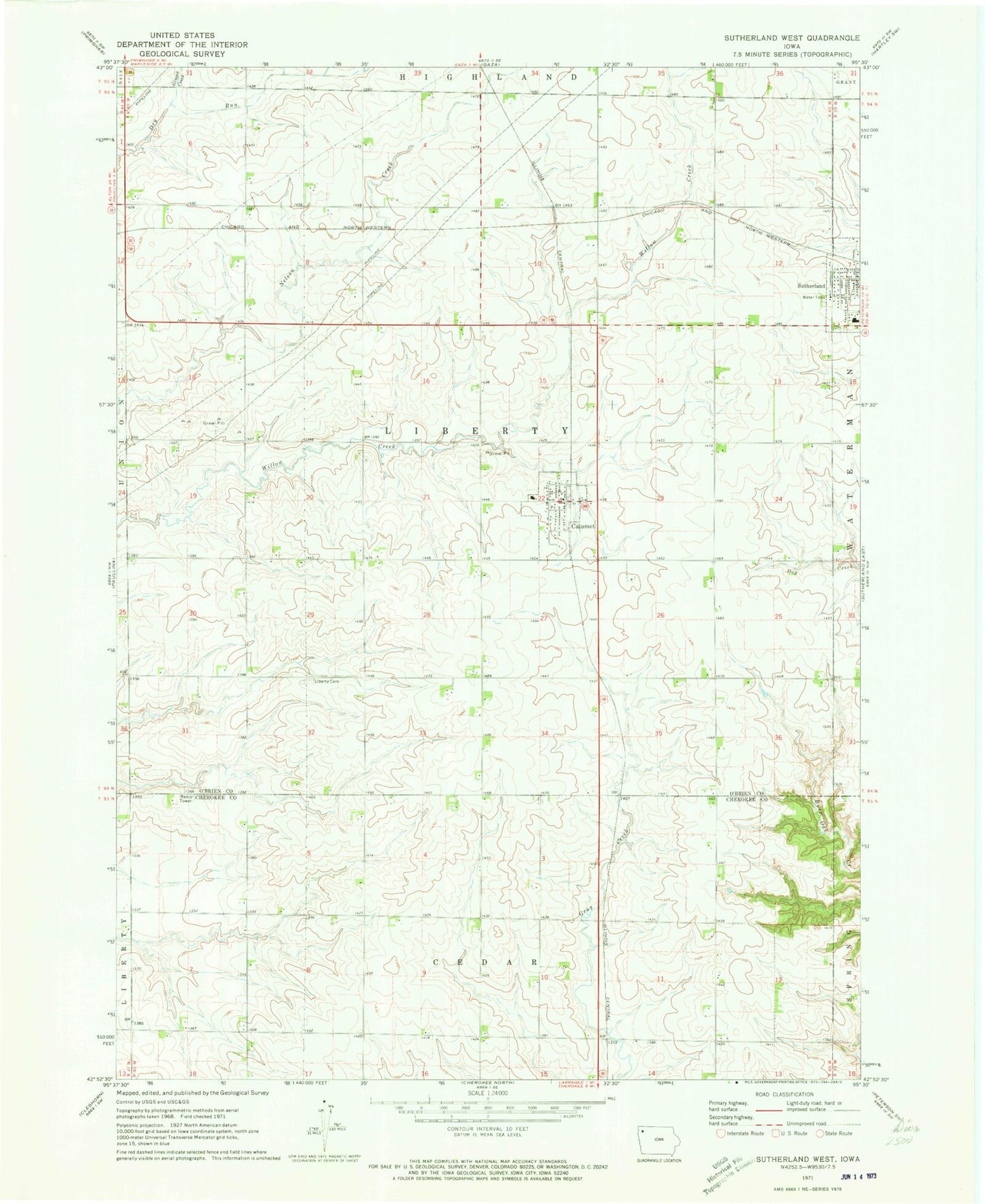Classic USGS Sutherland West Iowa 7.5'x7.5' Topo Map Image