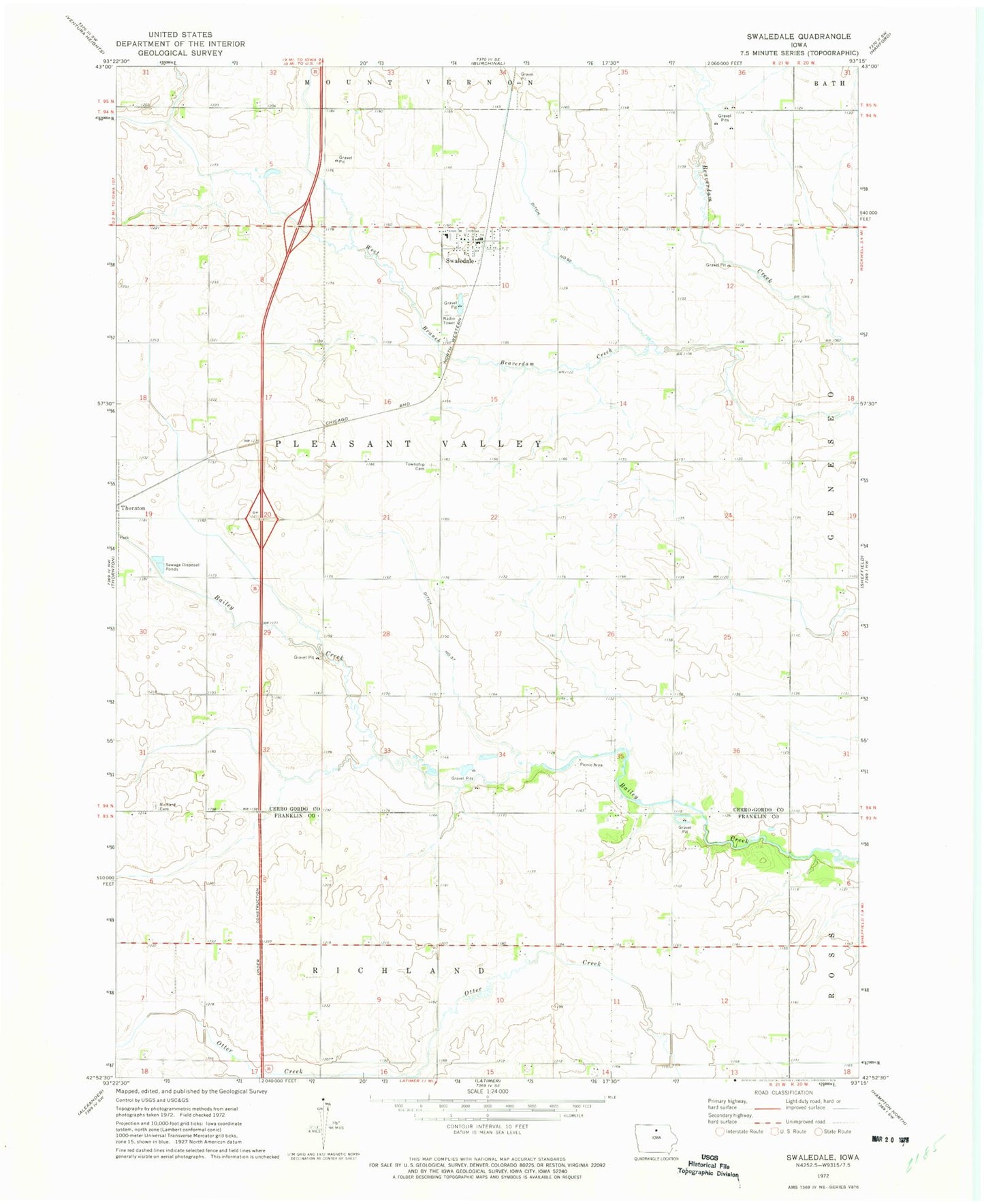 Classic USGS Swaledale Iowa 7.5'x7.5' Topo Map Image