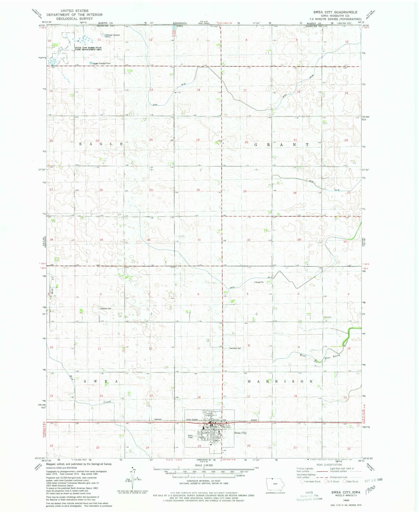 Classic USGS Swea City Iowa 7.5'x7.5' Topo Map Image