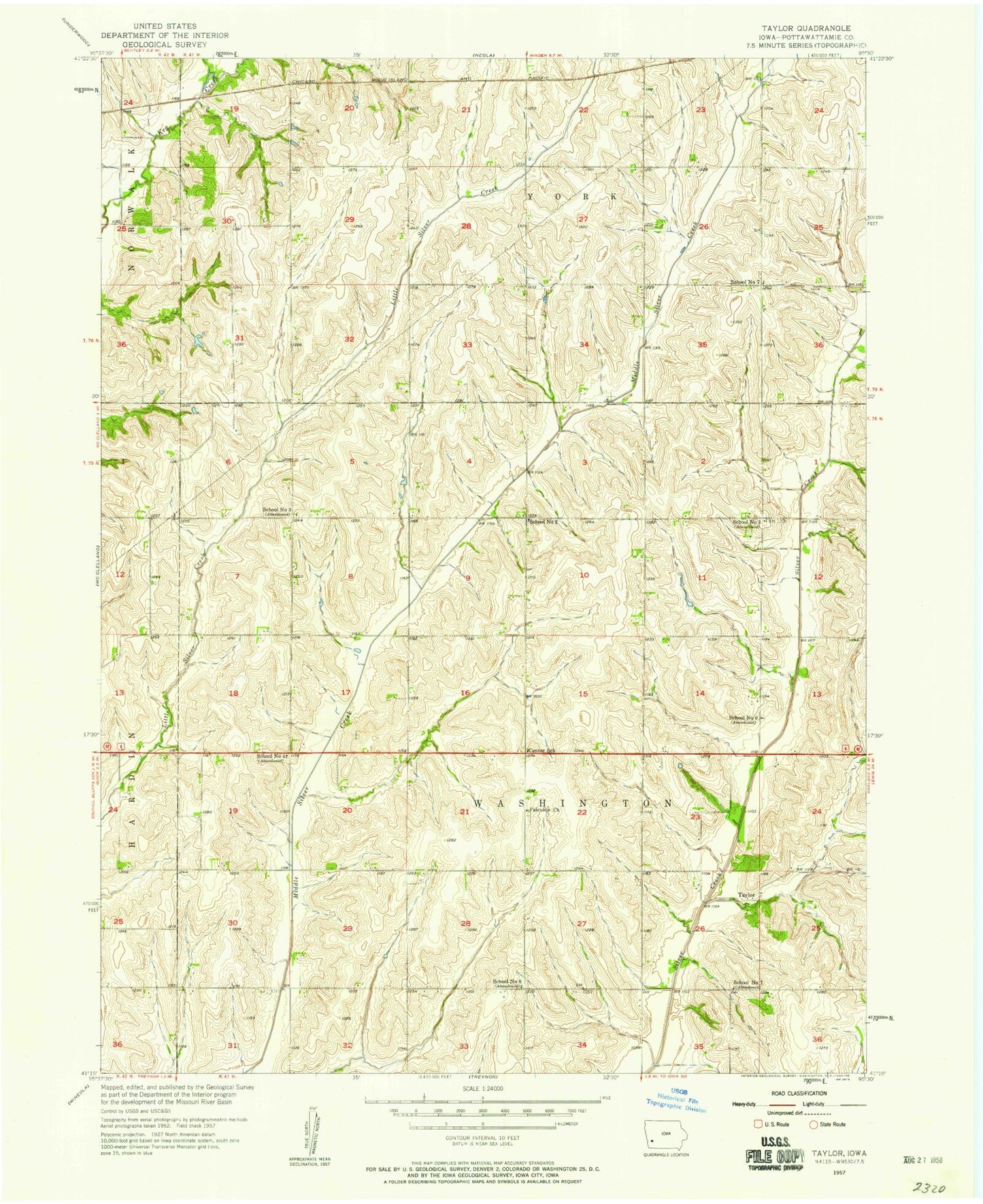 Classic USGS Taylor Iowa 7.5'x7.5' Topo Map Image
