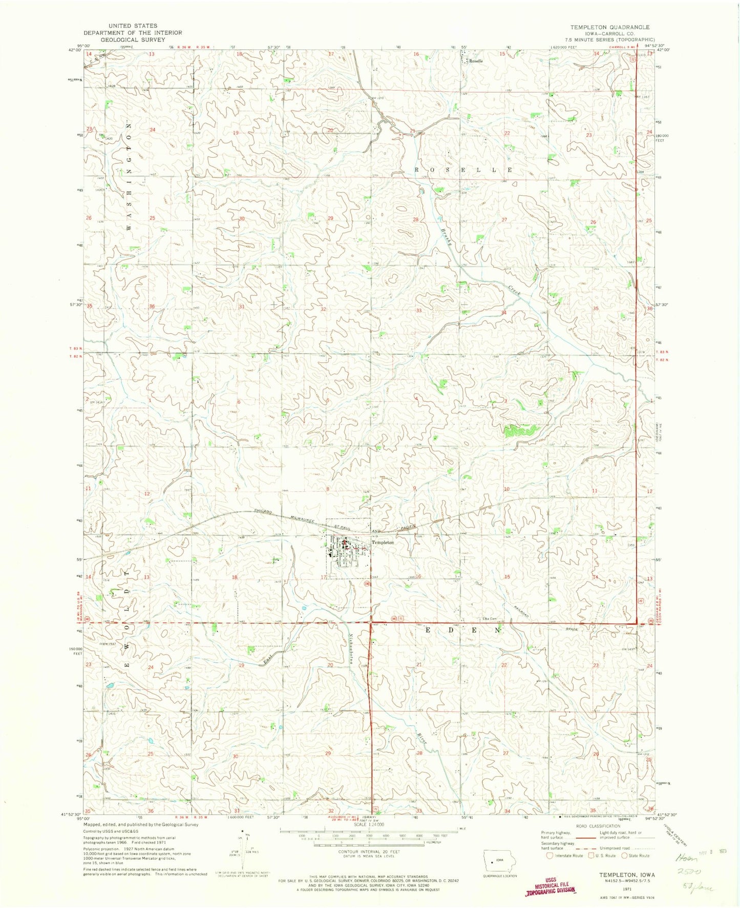 Classic USGS Templeton Iowa 7.5'x7.5' Topo Map Image