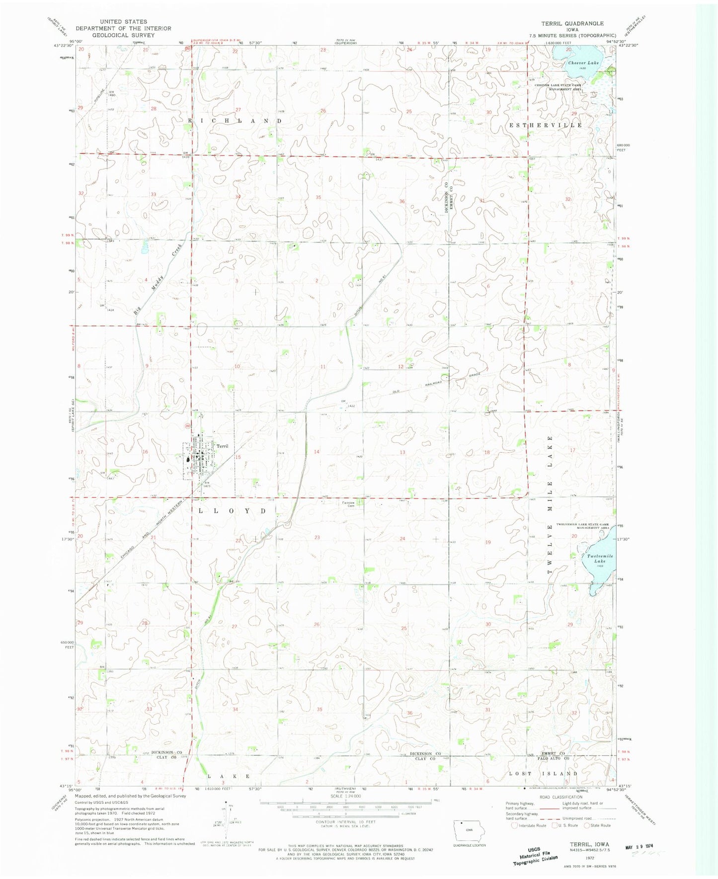 Classic USGS Terril Iowa 7.5'x7.5' Topo Map Image