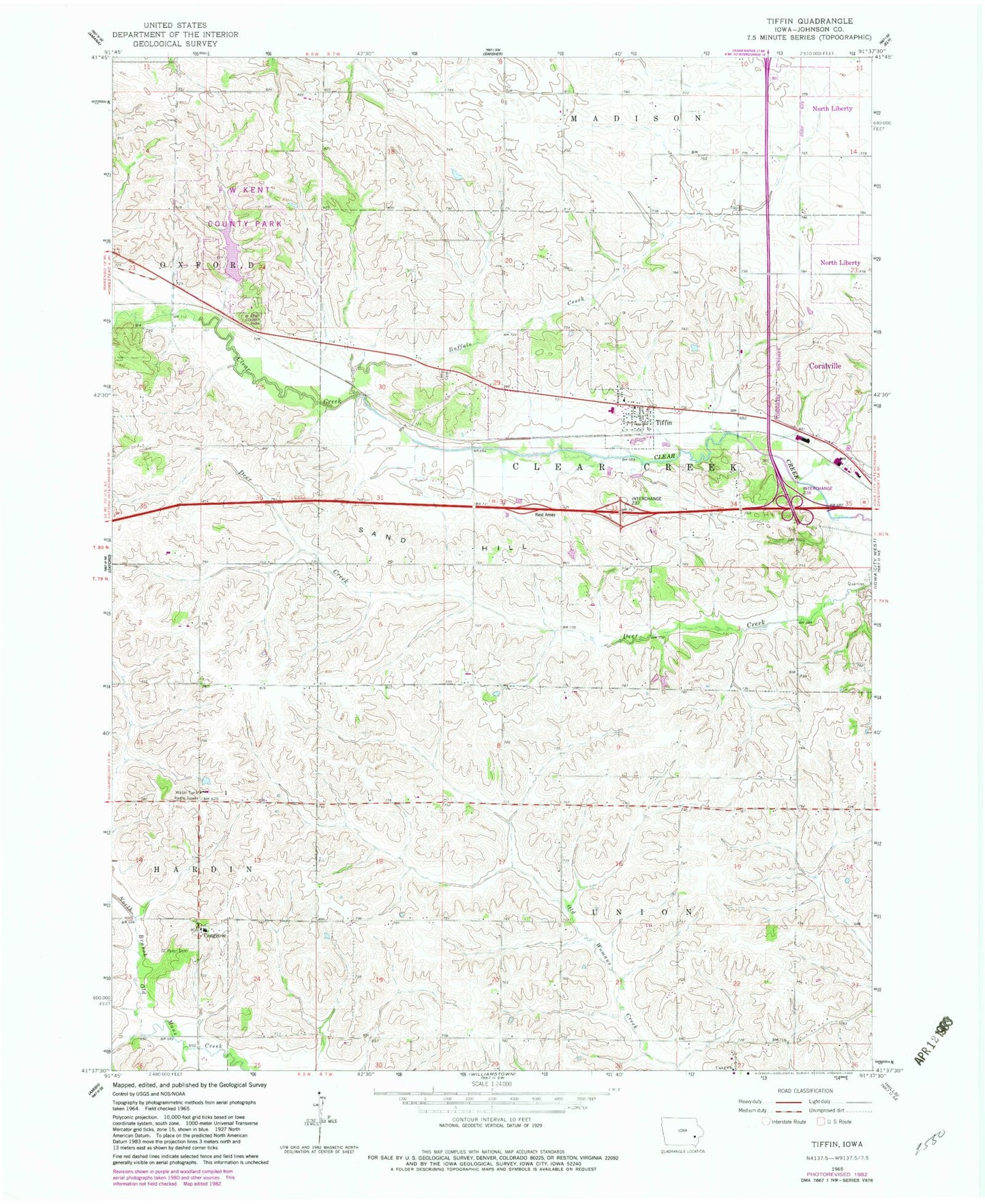 Classic USGS Tiffin Iowa 7.5'x7.5' Topo Map Image