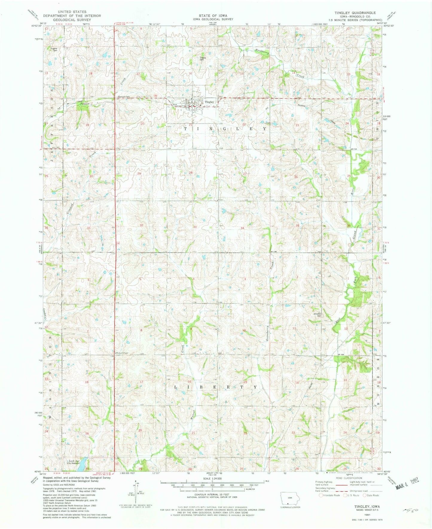 Classic USGS Tingley Iowa 7.5'x7.5' Topo Map Image