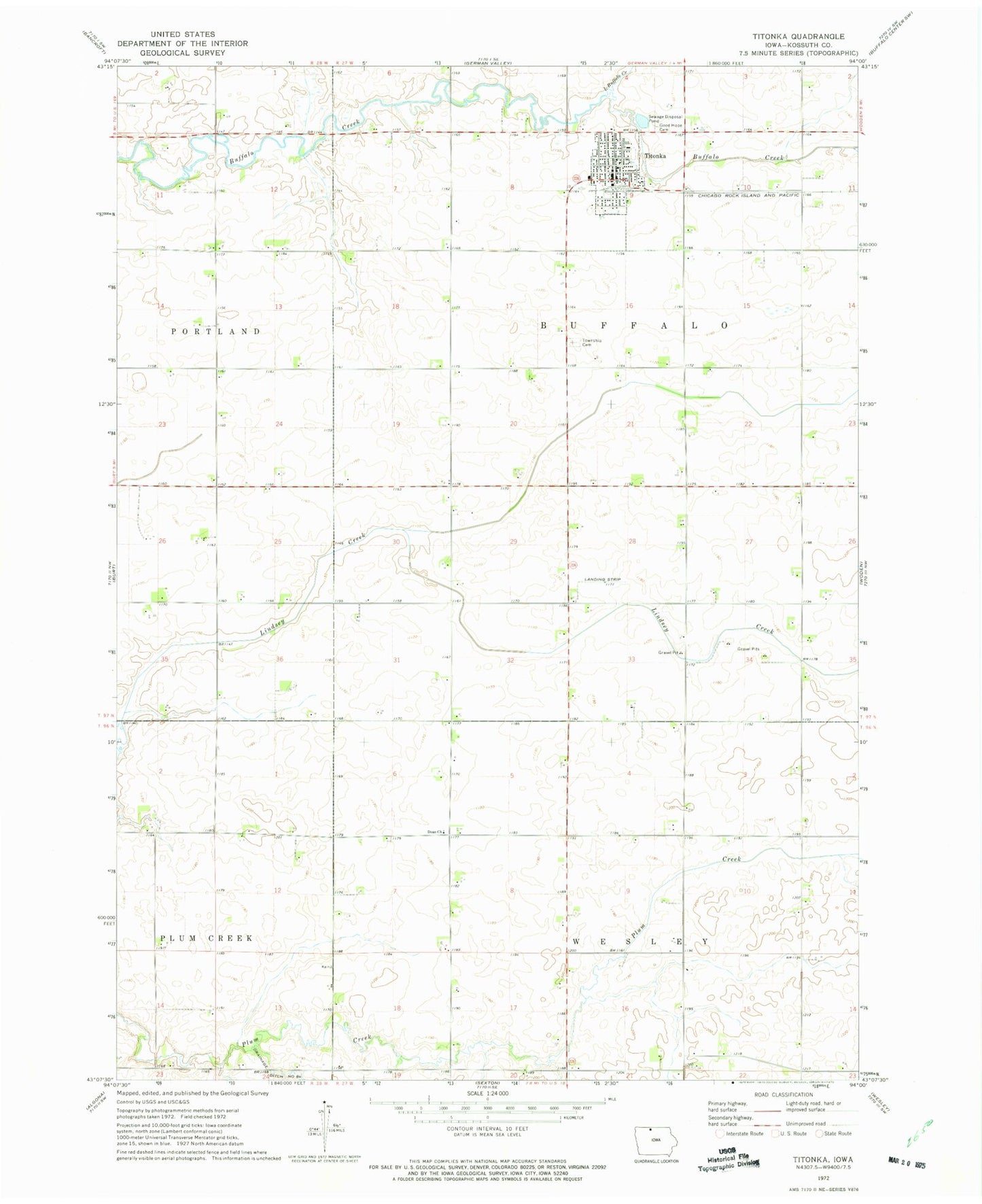 Classic USGS Titonka Iowa 7.5'x7.5' Topo Map Image