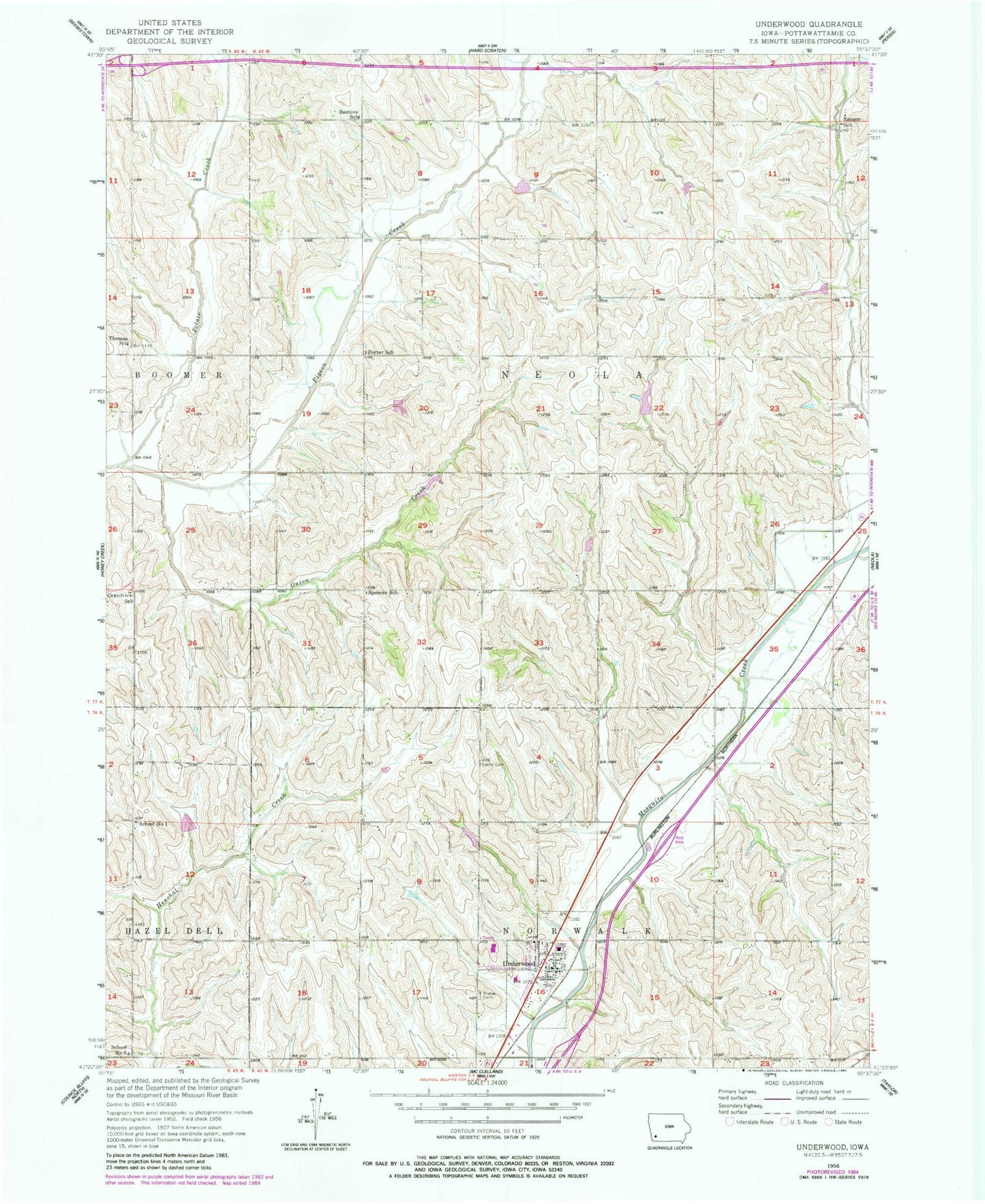 Classic USGS Underwood Iowa 7.5'x7.5' Topo Map Image