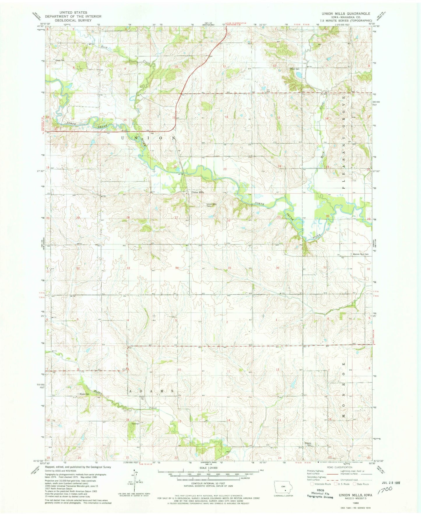 Classic USGS Union Mills Iowa 7.5'x7.5' Topo Map Image