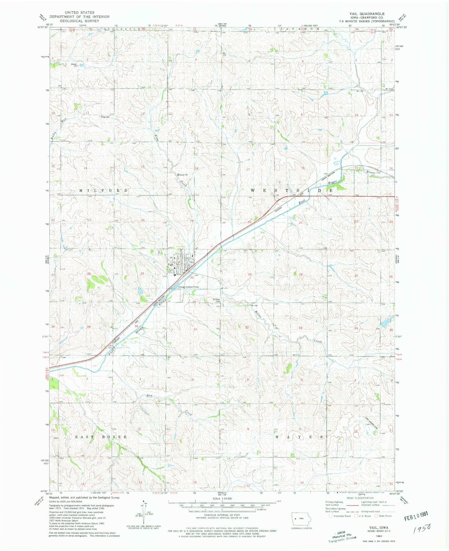 Classic USGS Vail Iowa 7.5'x7.5' Topo Map Image